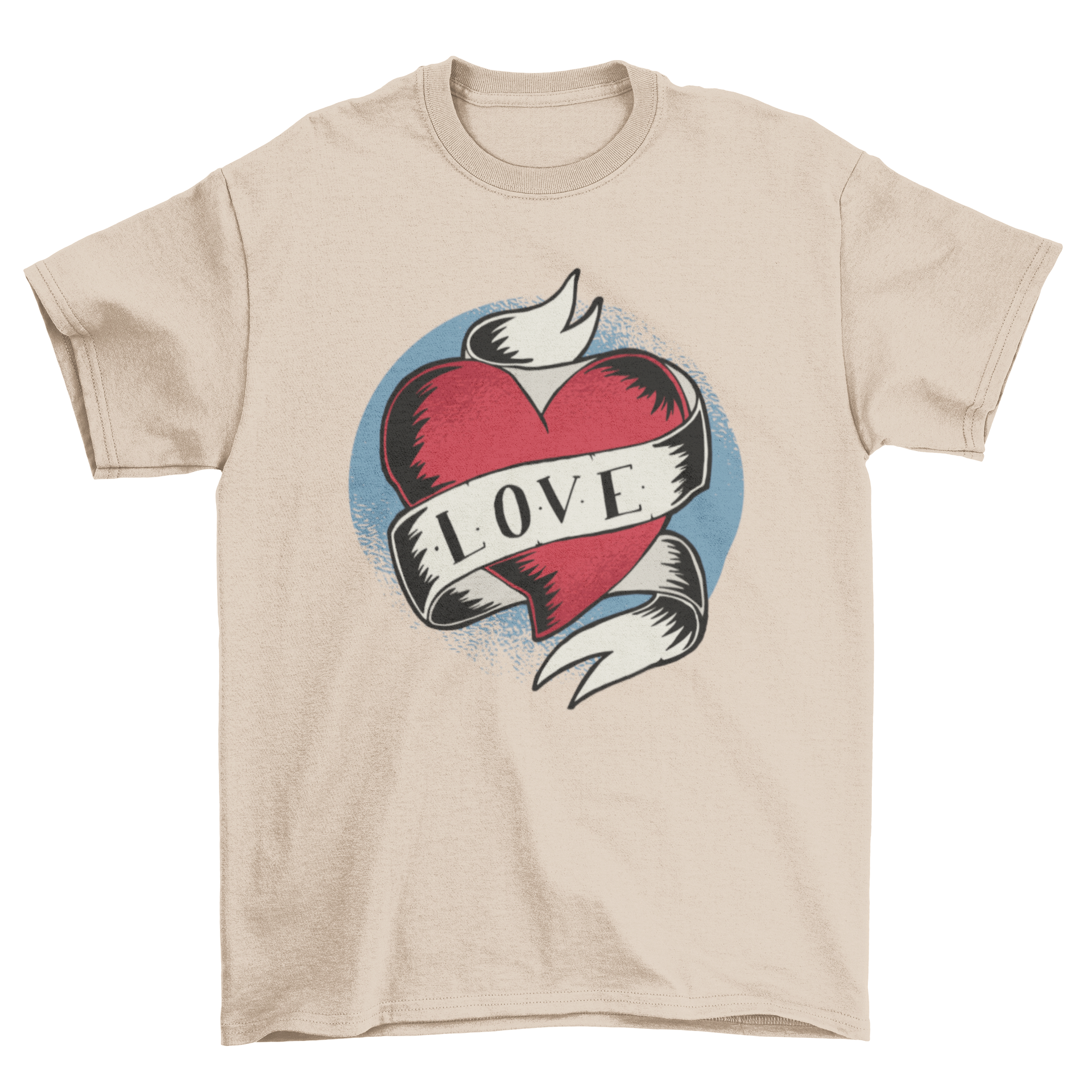 A stylish Love Tattoo T-Shirt featuring a vintage tattoo heart design with a white ribbon on a grungy circle backdrop.