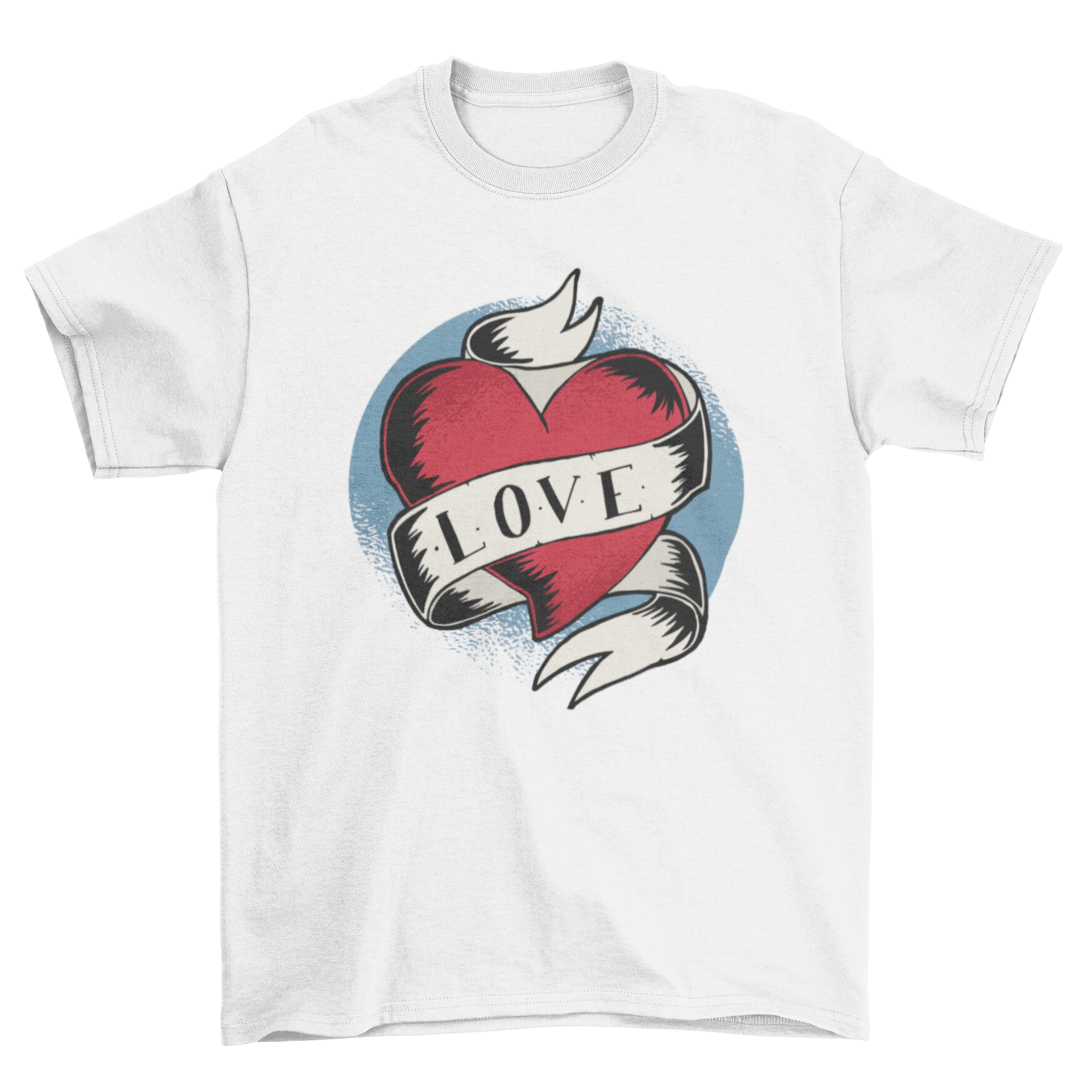 A stylish Love Tattoo T-Shirt featuring a vintage tattoo heart design with a white ribbon on a grungy circle backdrop.