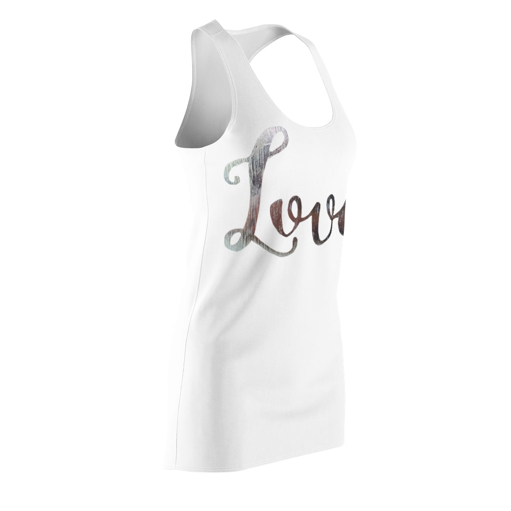 A stylish Love Women's Cut & Sew Racerback Dress showcasing a feminine silhouette and sporty fit, made from lightweight polyester.