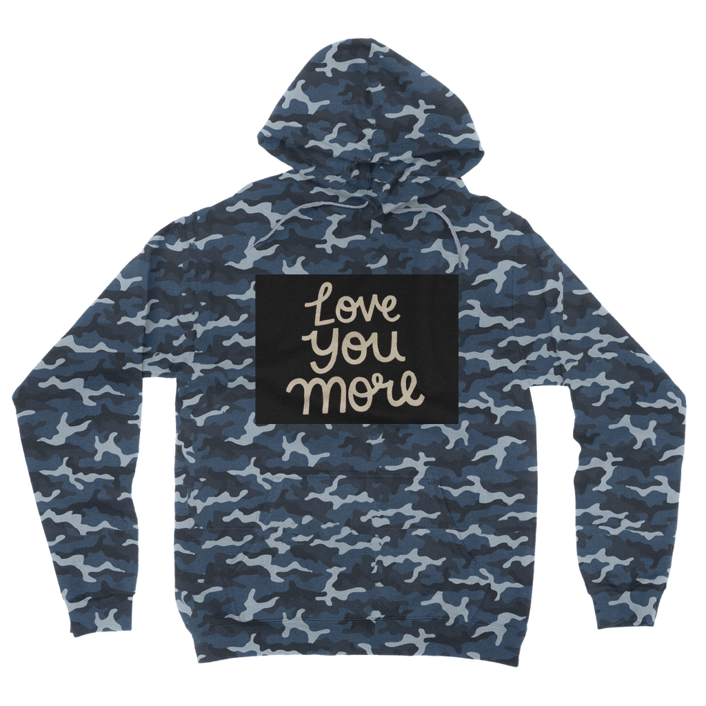 Love You More Camouflage Adult Hoodie featuring a classic camo print, double fabric hood, and kangaroo pouch pocket.