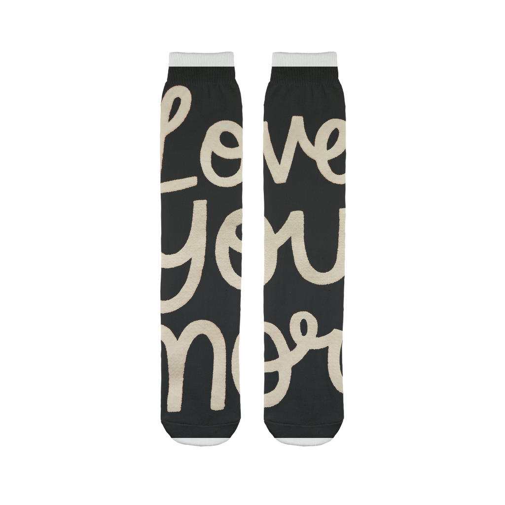Love You More Sublimation Tube Socks featuring vibrant colors and unique designs, made from soft polyester for comfort.