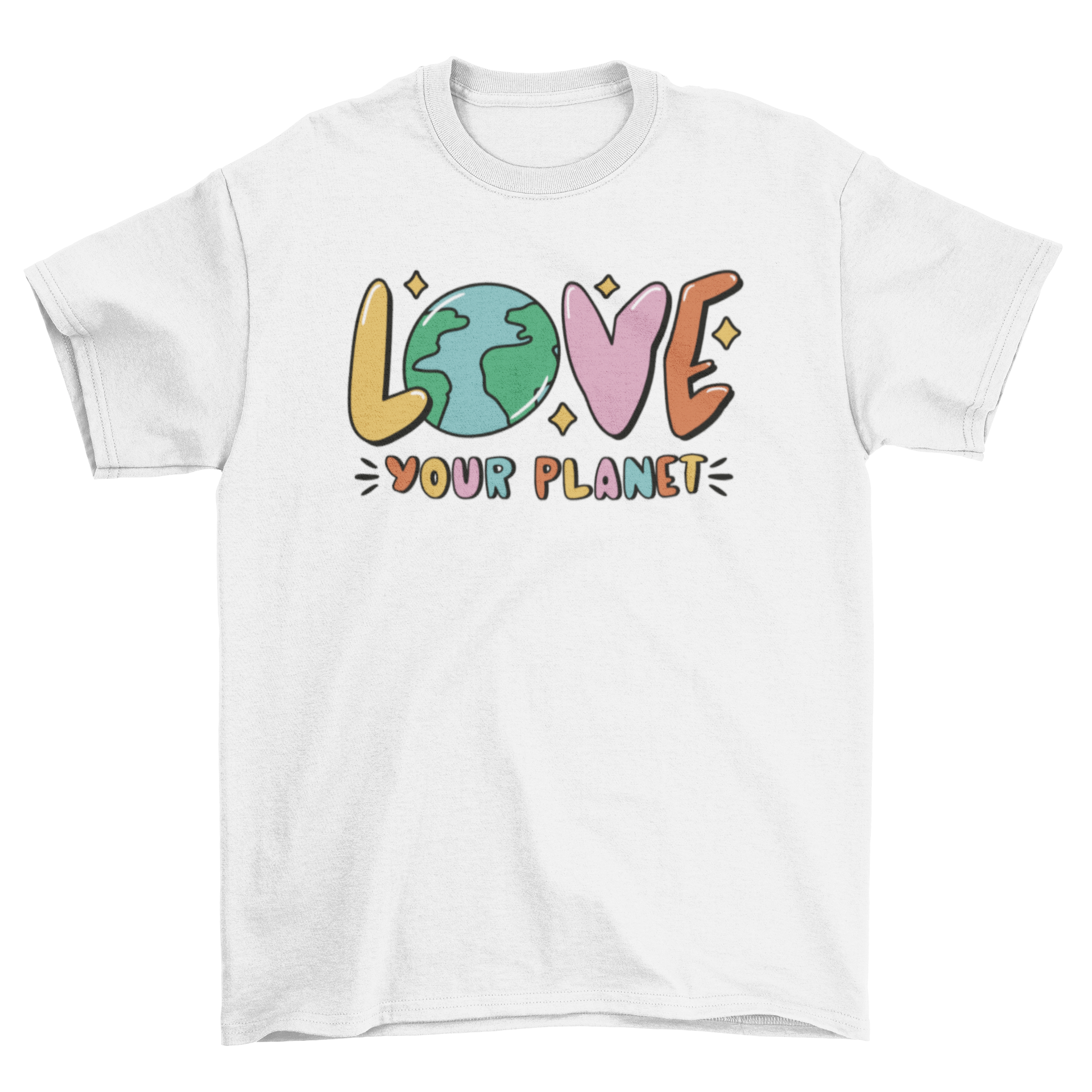A stylish t-shirt featuring the quote 'Love Your Planet' with a planet Earth graphic replacing the letter 'O'.