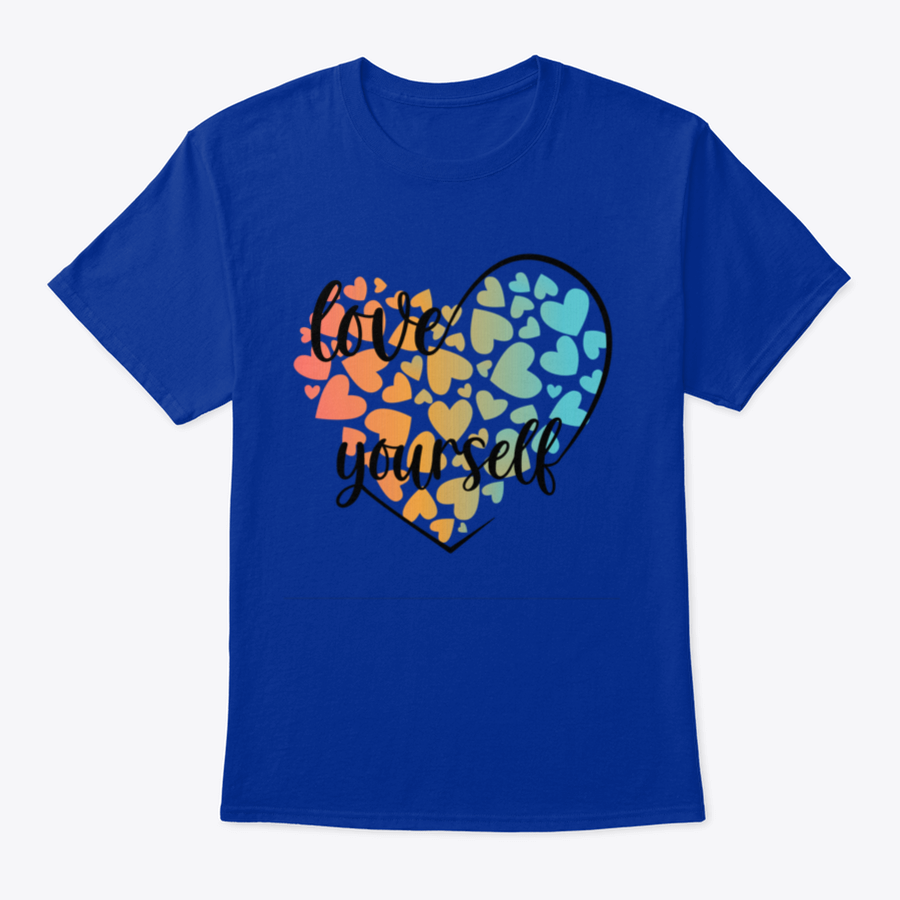 A stylish t-shirt featuring a vibrant vector design with hearts and lettering promoting self-love, made from high-quality cotton.