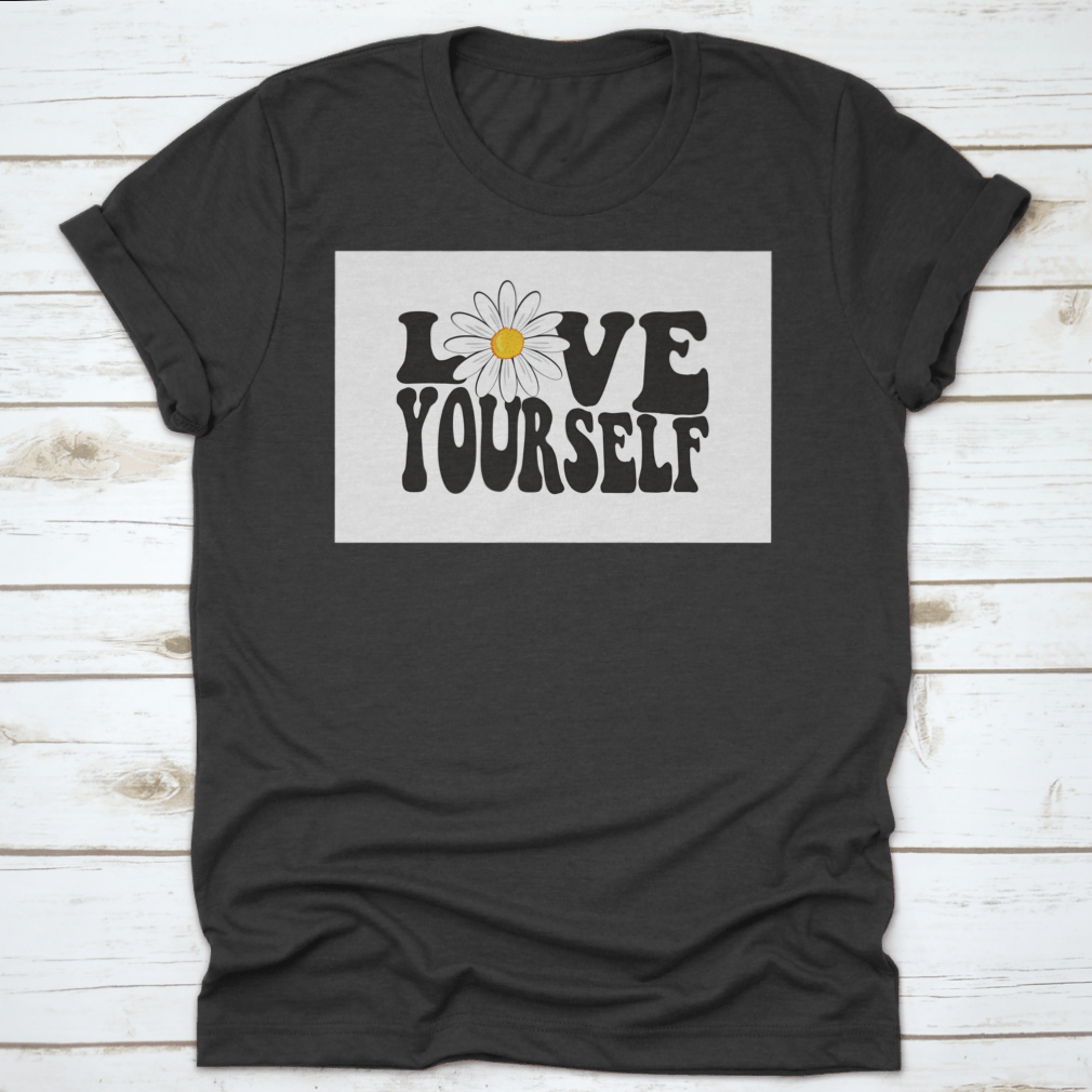 A stylish hand-drawn vector design t-shirt featuring the phrase 'Love Yourself', made from 100% cotton, showcasing a classic fit and midweight fabric.