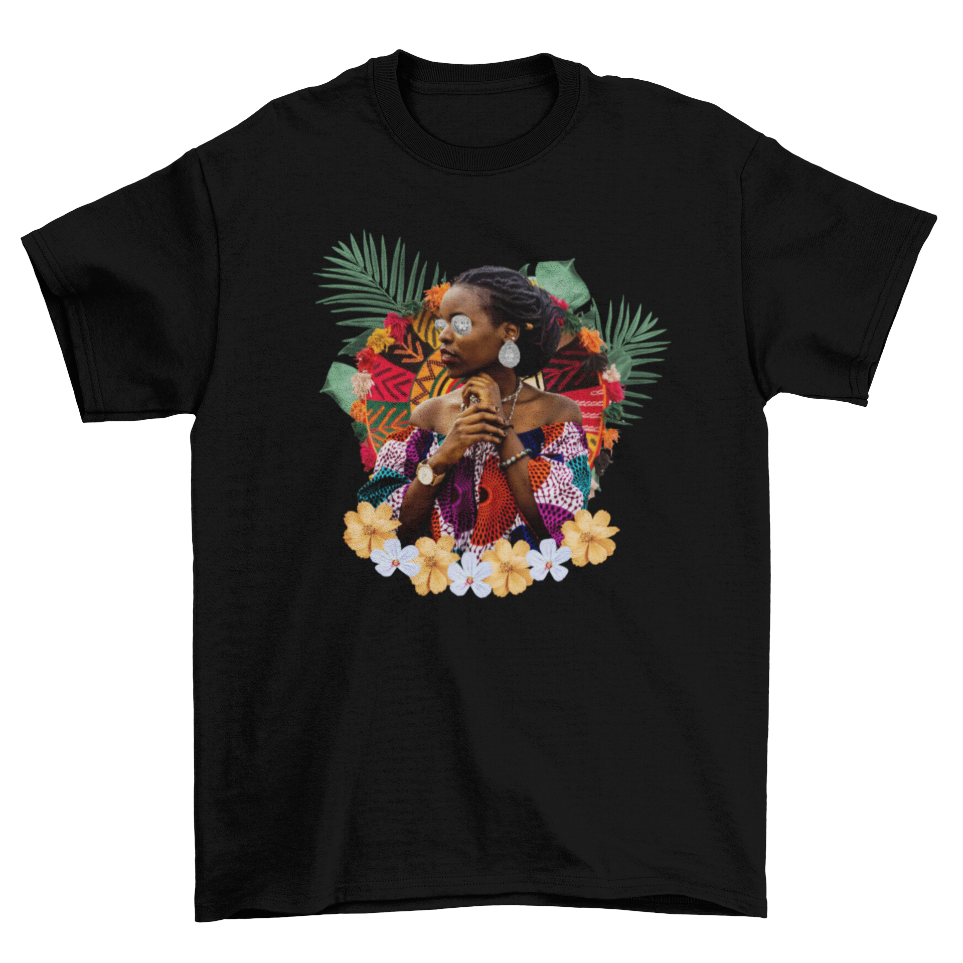 A stylish t-shirt featuring a lovely African black woman surrounded by colorful flowers and leaves, showcasing cultural beauty.