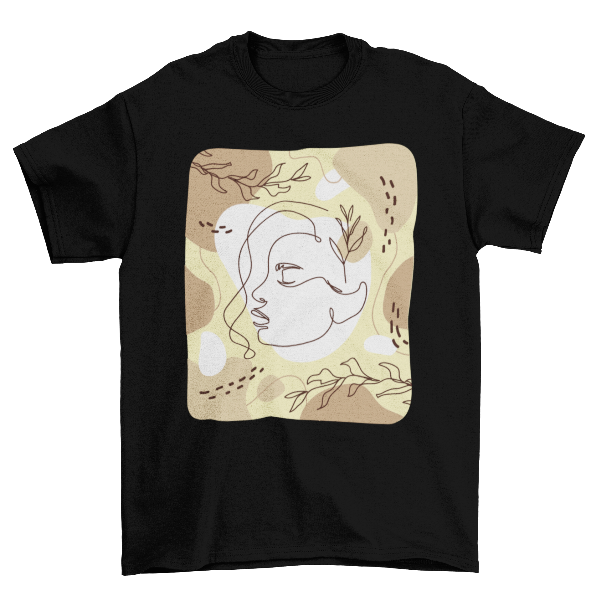 A stylish t-shirt featuring an abstract artistic drawing of a woman, showcasing vibrant colors and unique design.