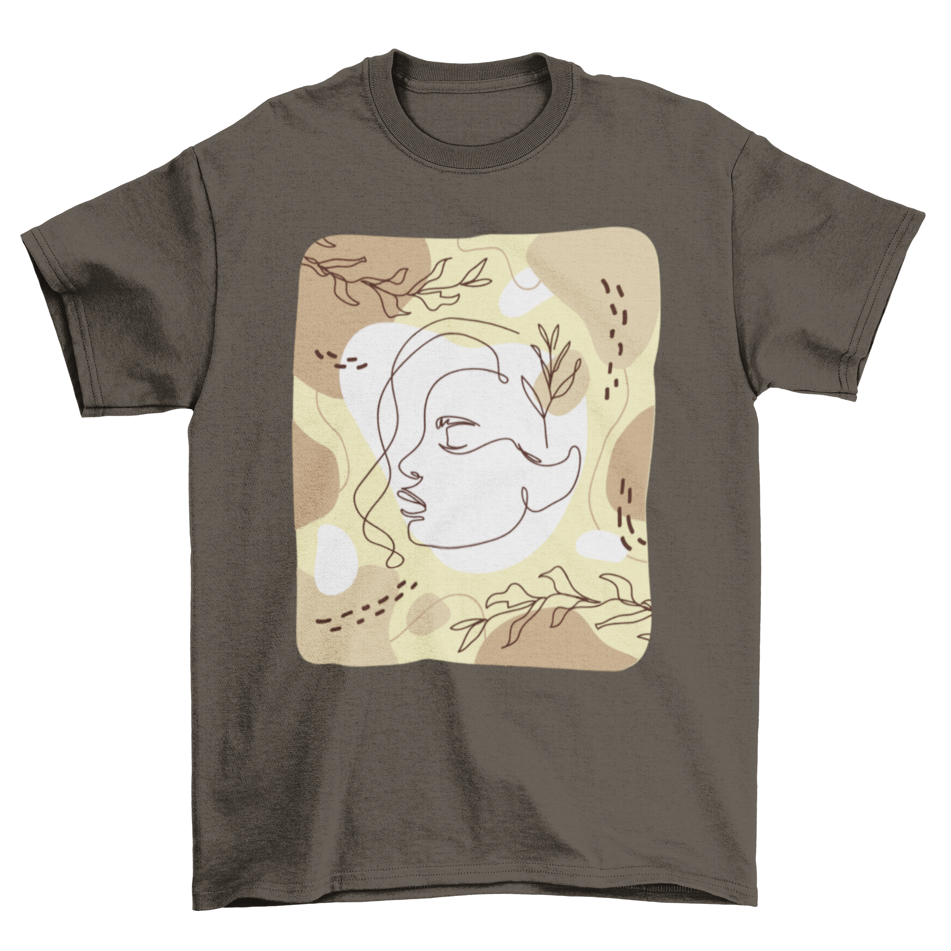 A stylish t-shirt featuring an abstract artistic drawing of a woman, showcasing vibrant colors and unique design.