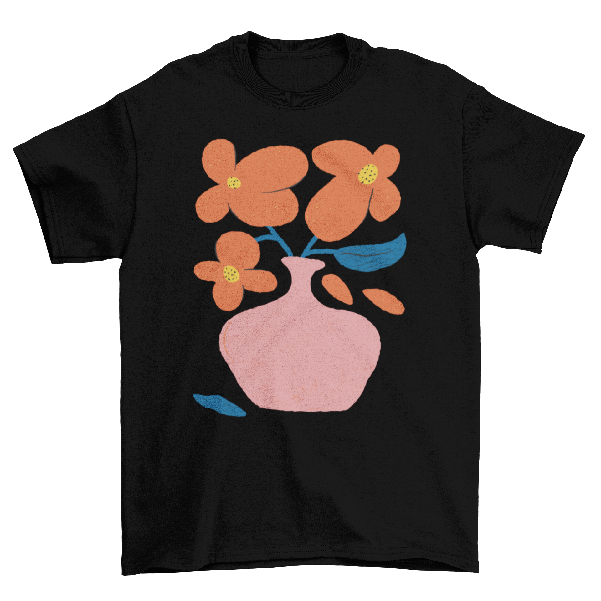 A stylish t-shirt featuring a vibrant vase filled with orange flowers, perfect for casual wear.