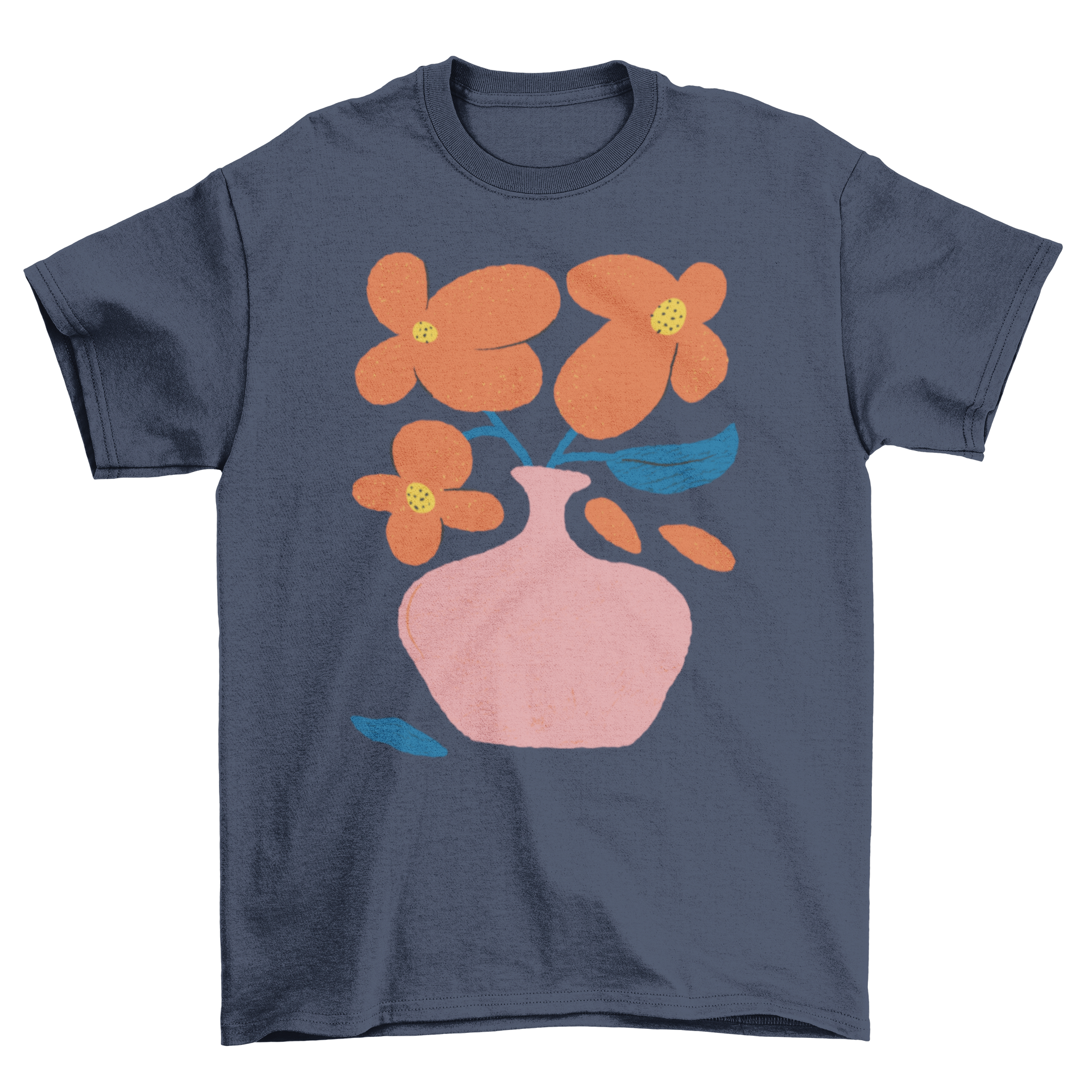 A stylish t-shirt featuring a vibrant vase filled with orange flowers, perfect for casual wear.