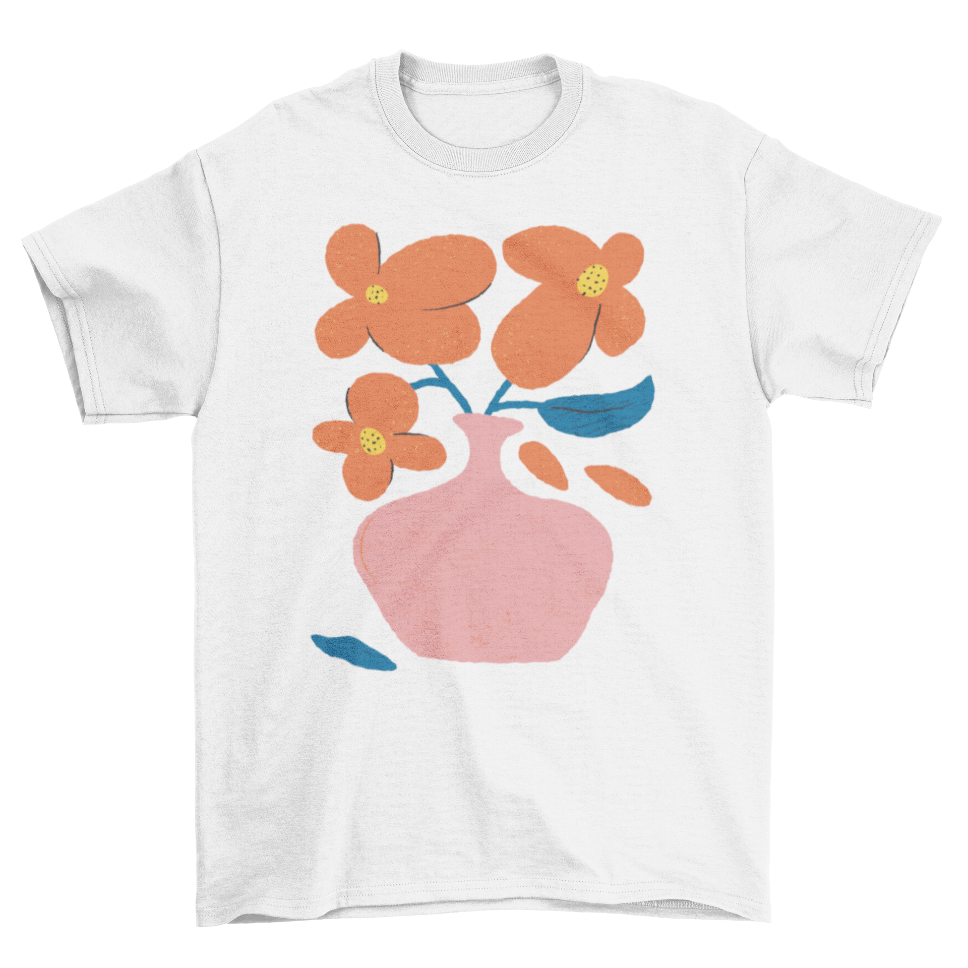 A stylish t-shirt featuring a vibrant vase filled with orange flowers, perfect for casual wear.