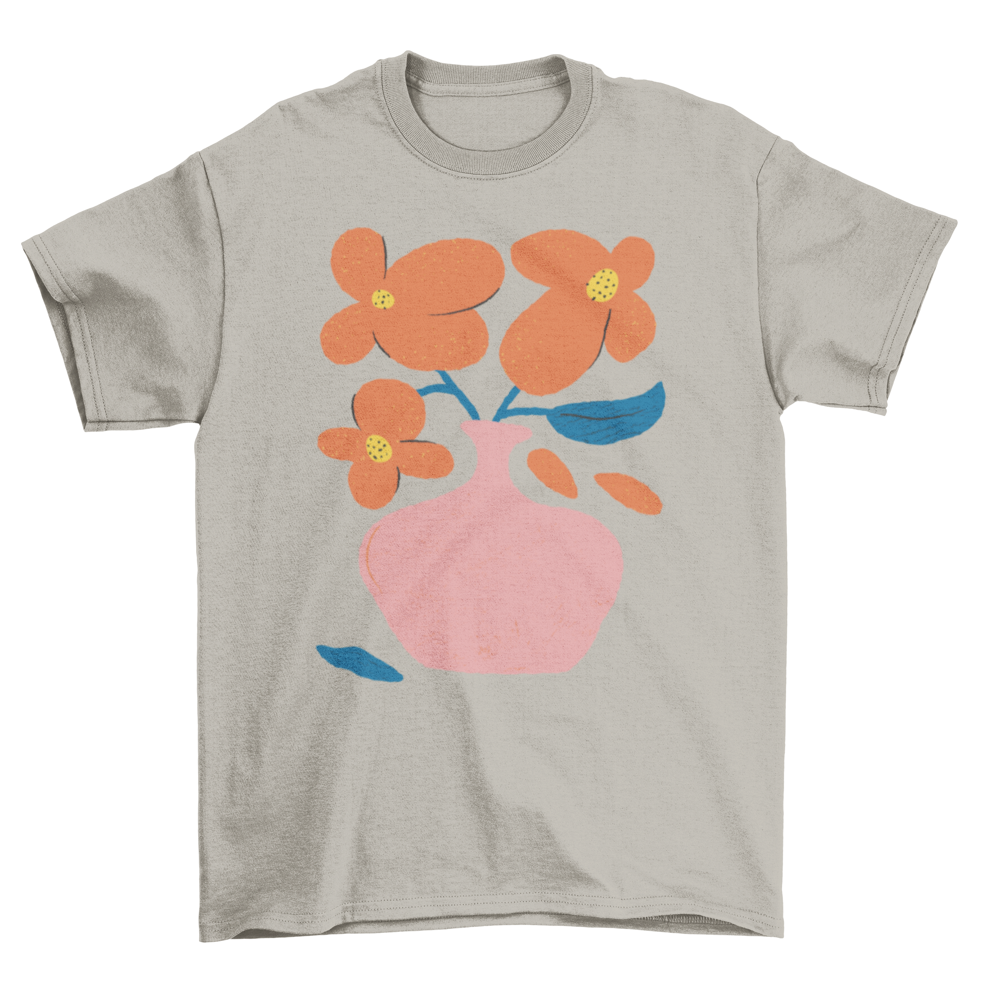 A stylish t-shirt featuring a vibrant vase filled with orange flowers, perfect for casual wear.