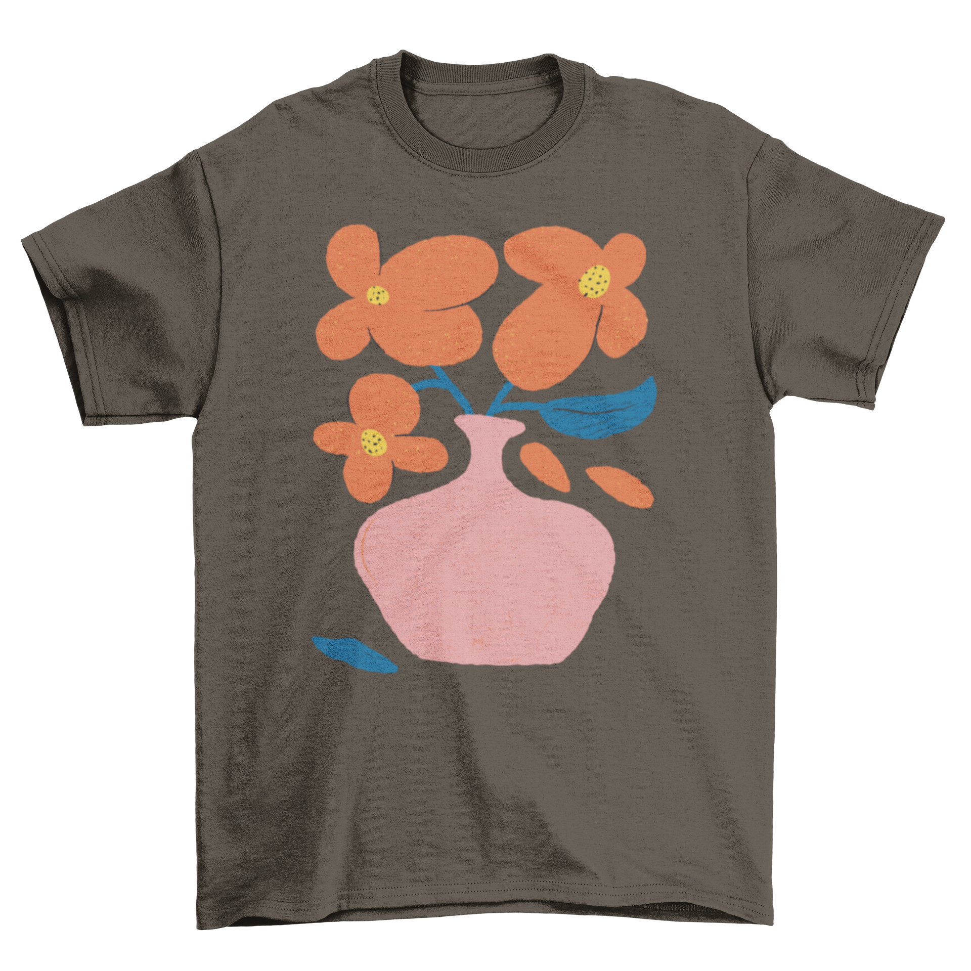 A stylish t-shirt featuring a vibrant vase filled with orange flowers, perfect for casual wear.