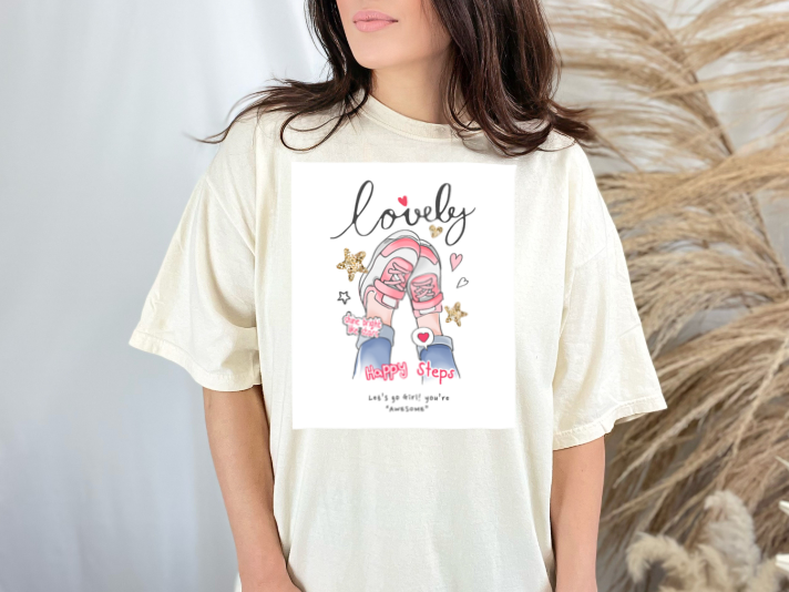 Lovely Calligraphy Slogan T-shirt featuring girls' feet in sneakers with gold glitters, showcasing a stylish and playful design.