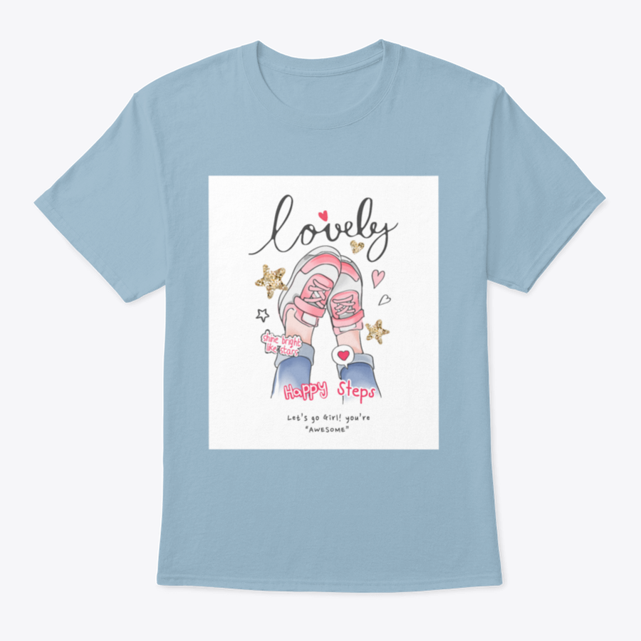 Lovely Calligraphy Slogan T-shirt featuring girls' feet in sneakers with gold glitters, showcasing a stylish and playful design.