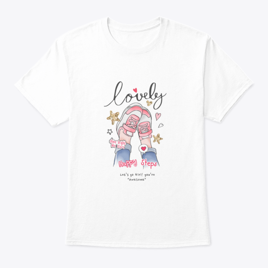 Lovely Calligraphy Slogan T-shirt featuring girls' feet in sneakers with gold glitters, showcasing a stylish and playful design.