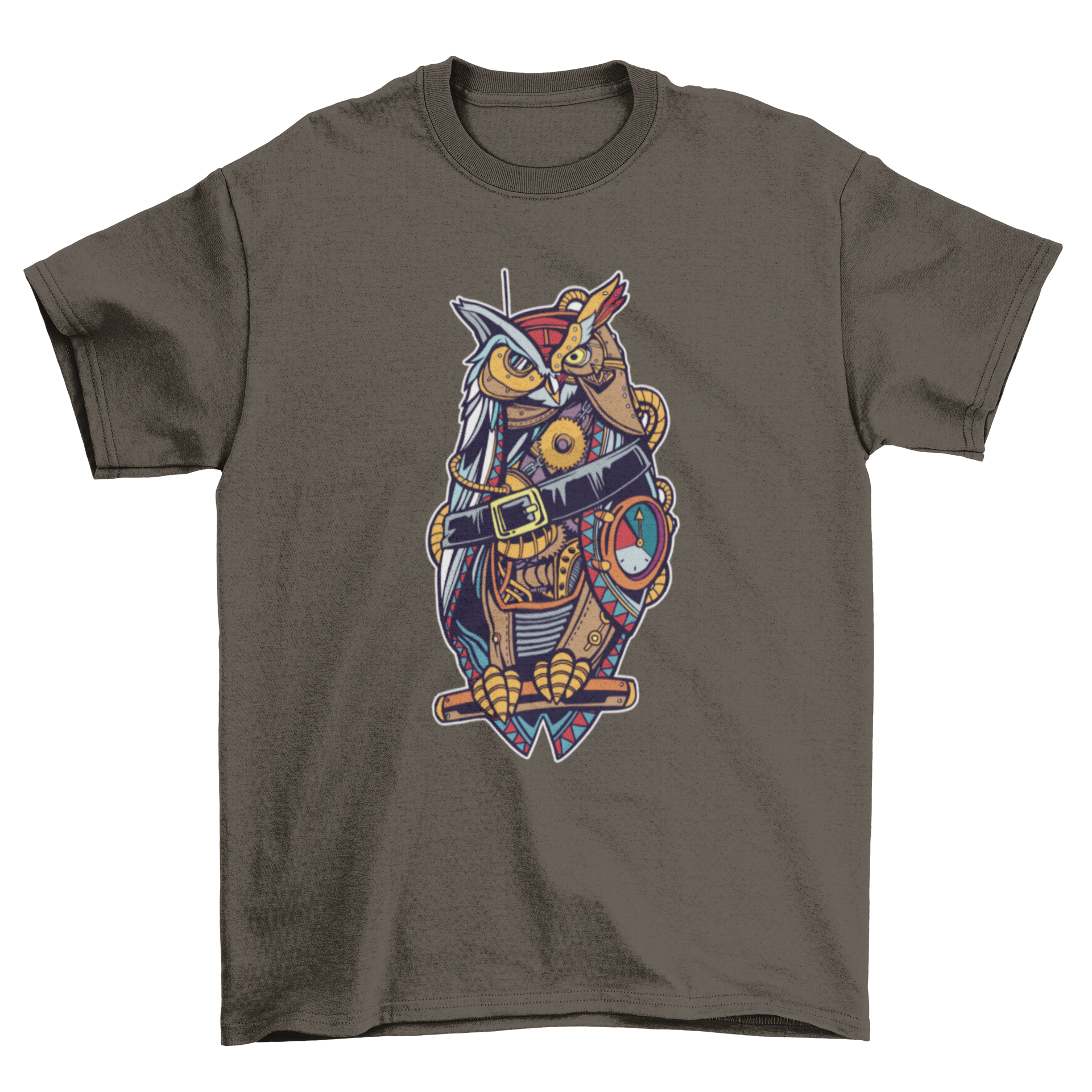 A vibrant steampunk owl design on a stylish t-shirt, featuring intricate details and colorful artwork.