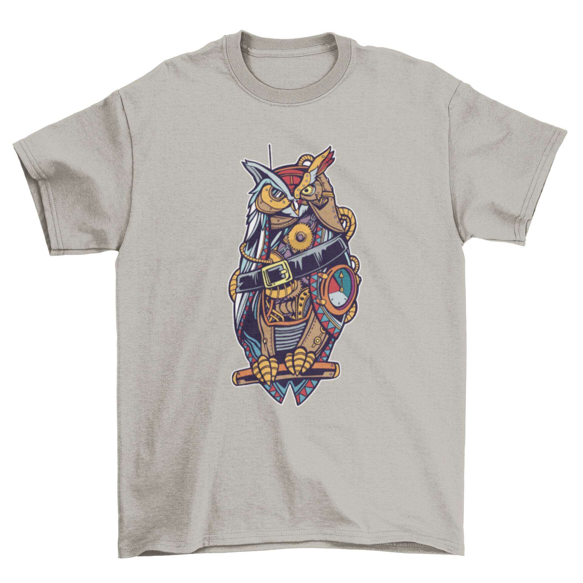 A vibrant steampunk owl design on a stylish t-shirt, featuring intricate details and colorful artwork.