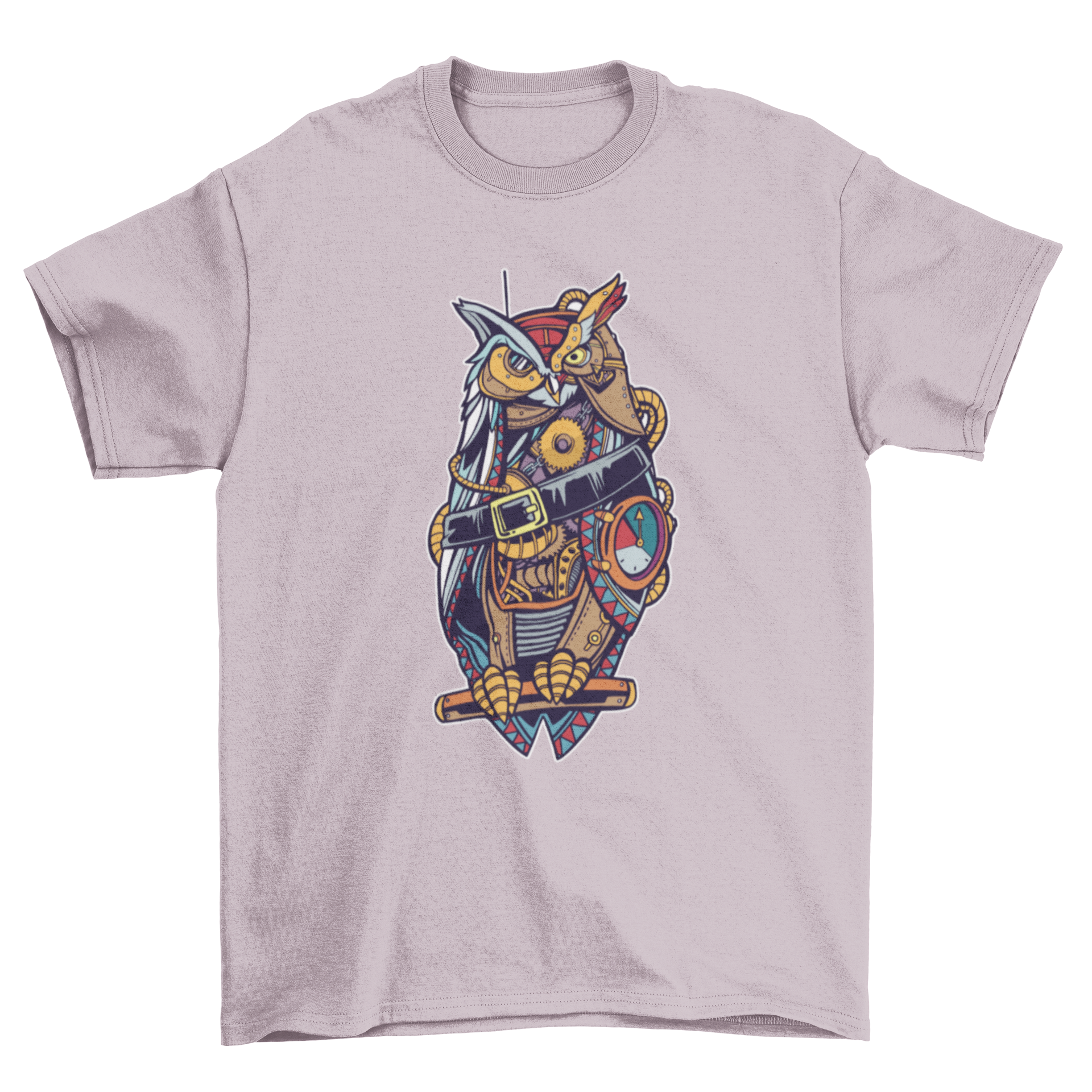 A vibrant steampunk owl design on a stylish t-shirt, featuring intricate details and colorful artwork.