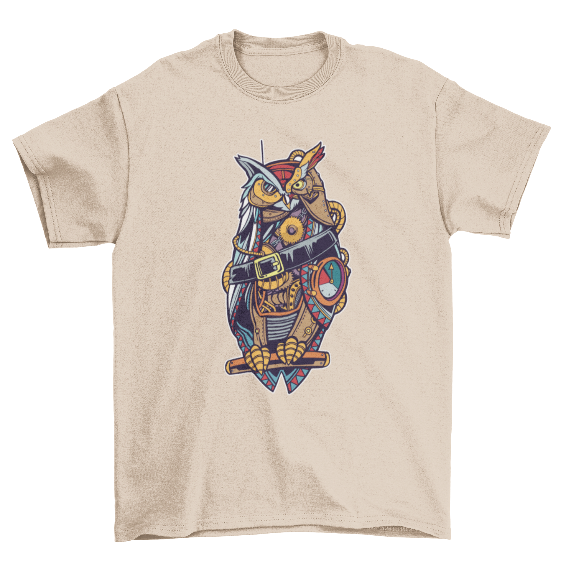 A vibrant steampunk owl design on a stylish t-shirt, featuring intricate details and colorful artwork.
