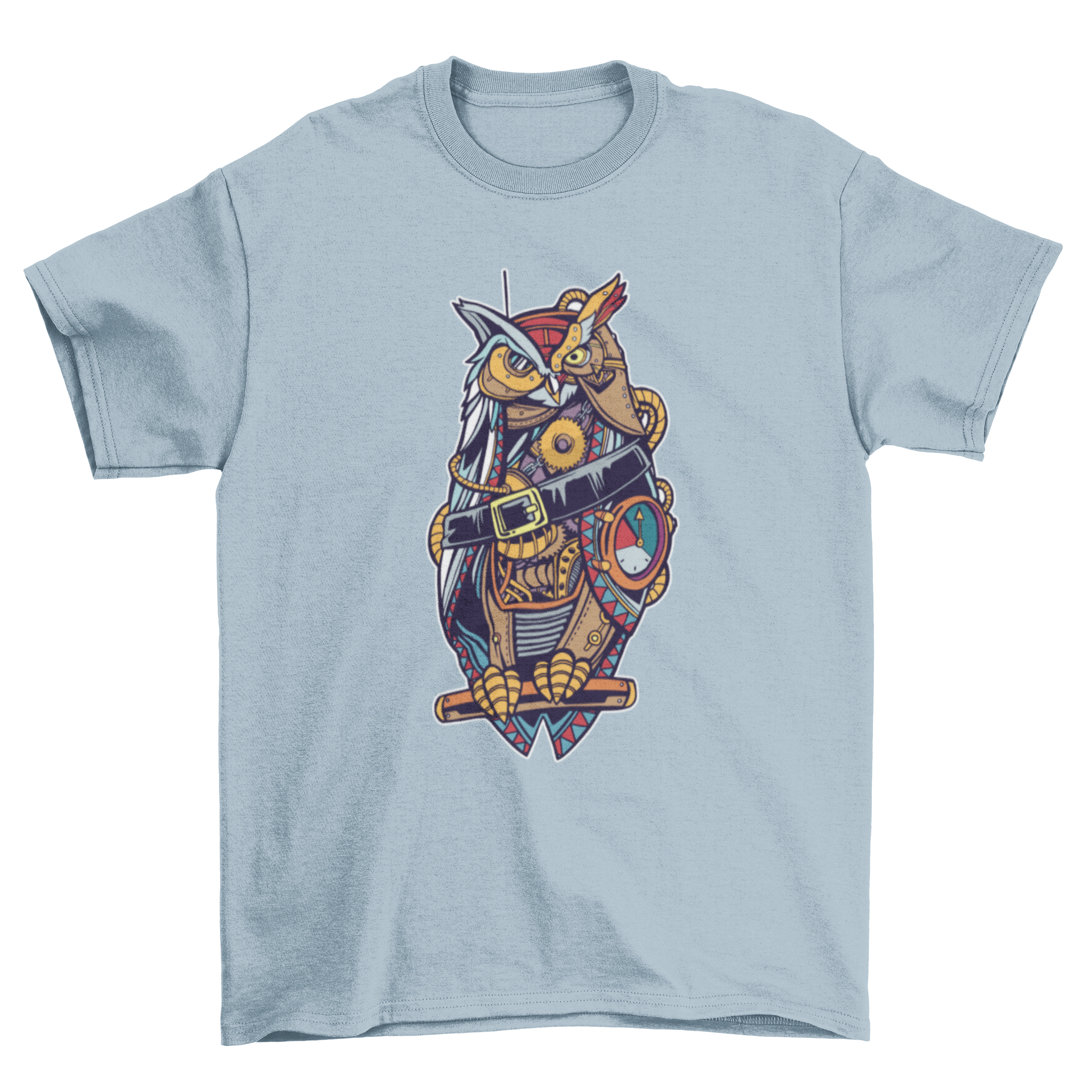 A vibrant steampunk owl design on a stylish t-shirt, featuring intricate details and colorful artwork.