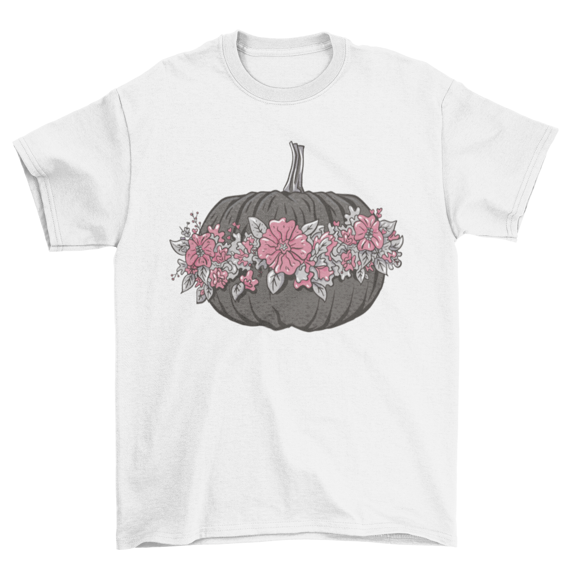 Lovely flowered pumpkin t-shirt featuring a vibrant floral design on a soft fabric, perfect for nature enthusiasts.