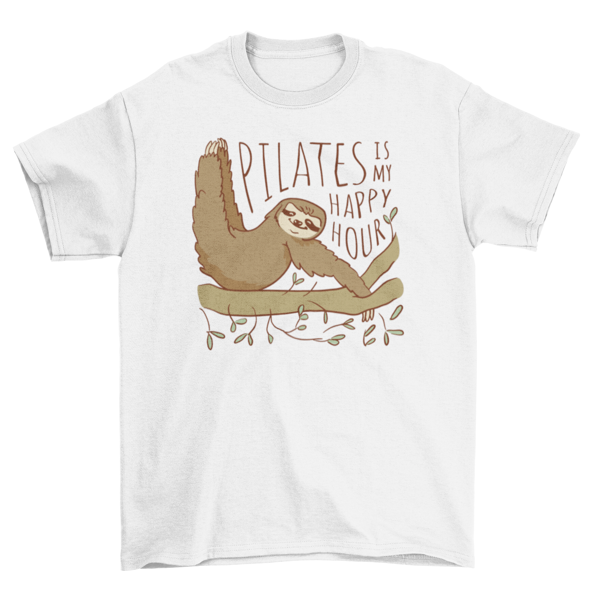 Lovely Pilates Sloth t-shirt featuring a cute sloth and the quote 'Pilates is my happy hour' in vibrant colors.