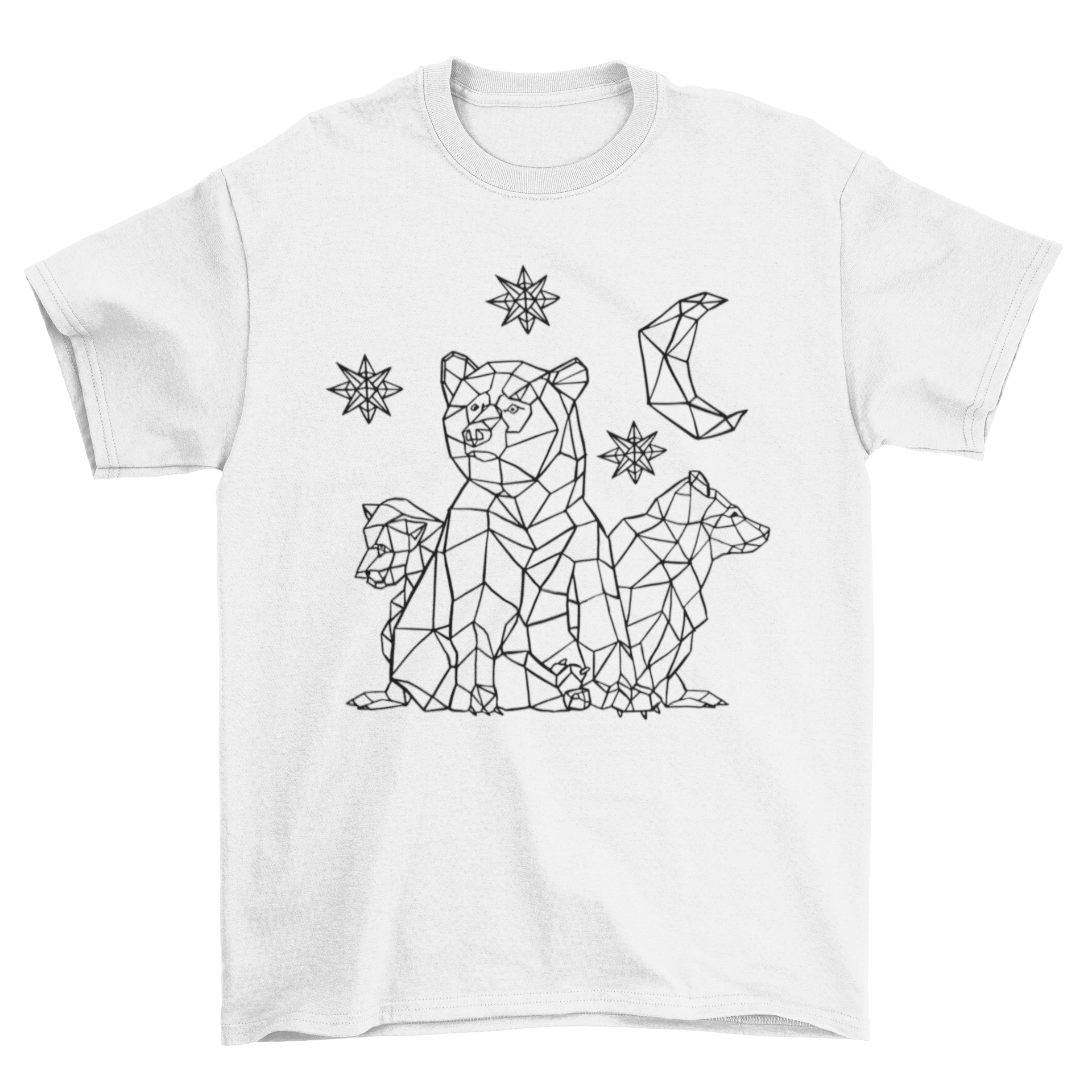 Lovely t-shirt featuring polygonal bear cubs with moon and stars design, perfect for animal lovers.