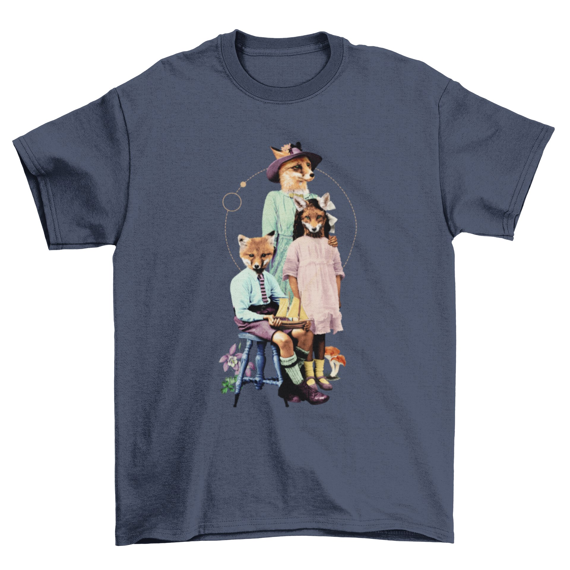 A charming t-shirt featuring a fox family dressed in fancy clothes, posing together in a whimsical design.
