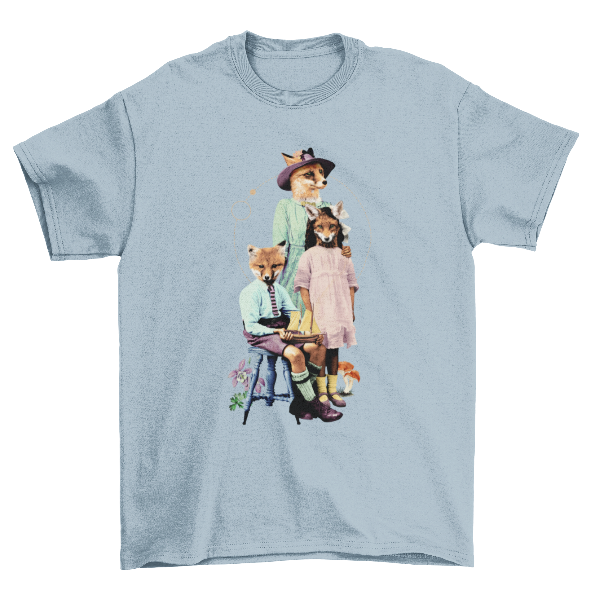 A charming t-shirt featuring a fox family dressed in fancy clothes, posing together in a whimsical design.