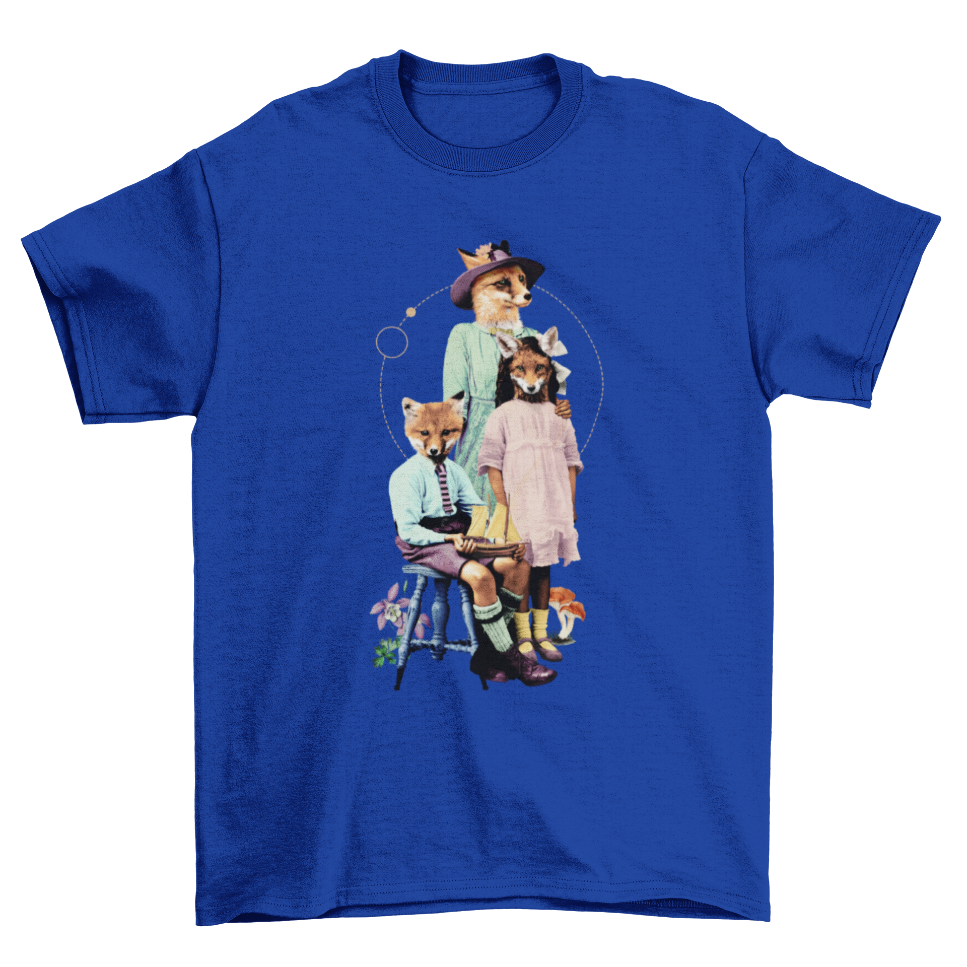A charming t-shirt featuring a fox family dressed in fancy clothes, posing together in a whimsical design.