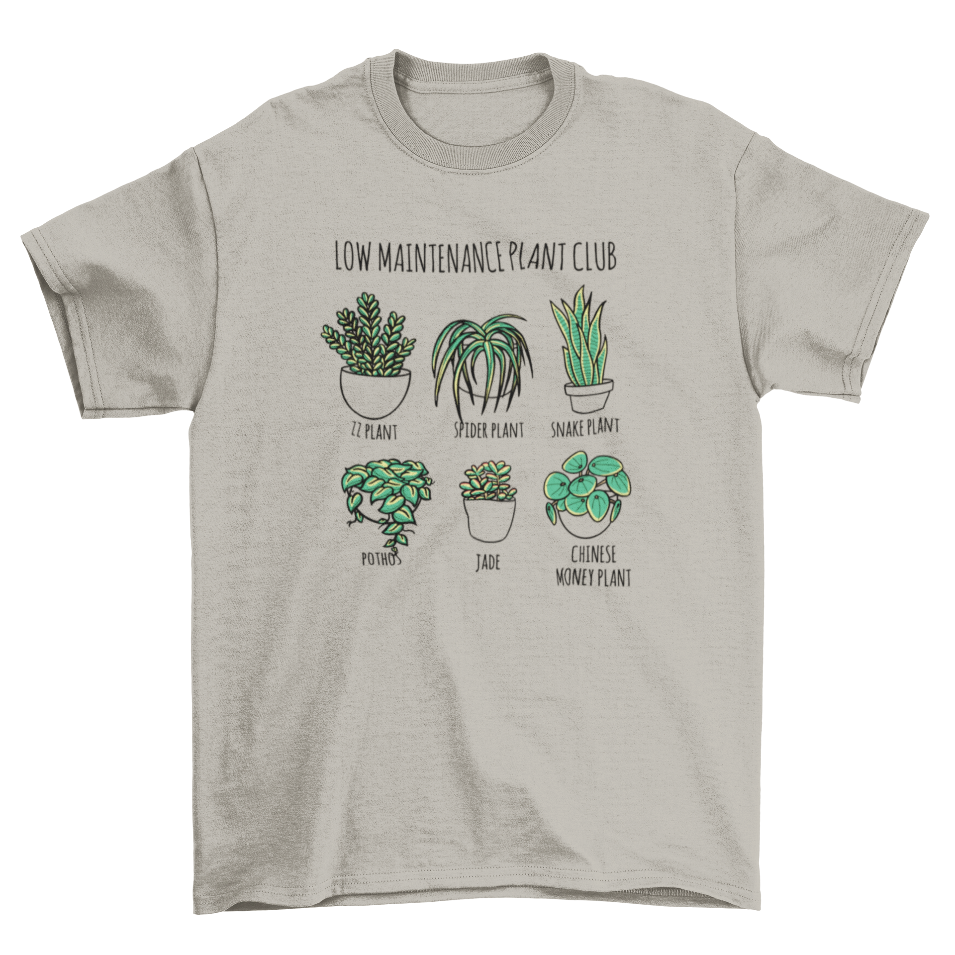 A stylish t-shirt featuring various houseplants and the quote 'Low Maintenance Plant Club'.