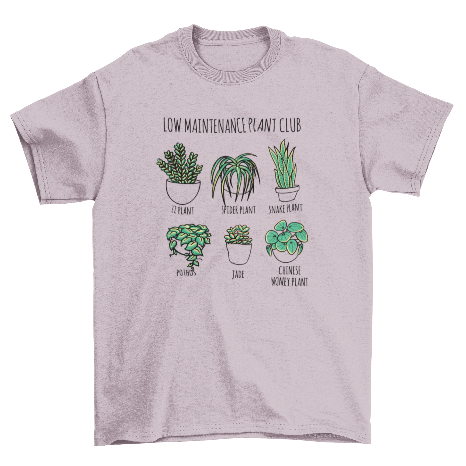 A stylish t-shirt featuring various houseplants and the quote 'Low Maintenance Plant Club'.