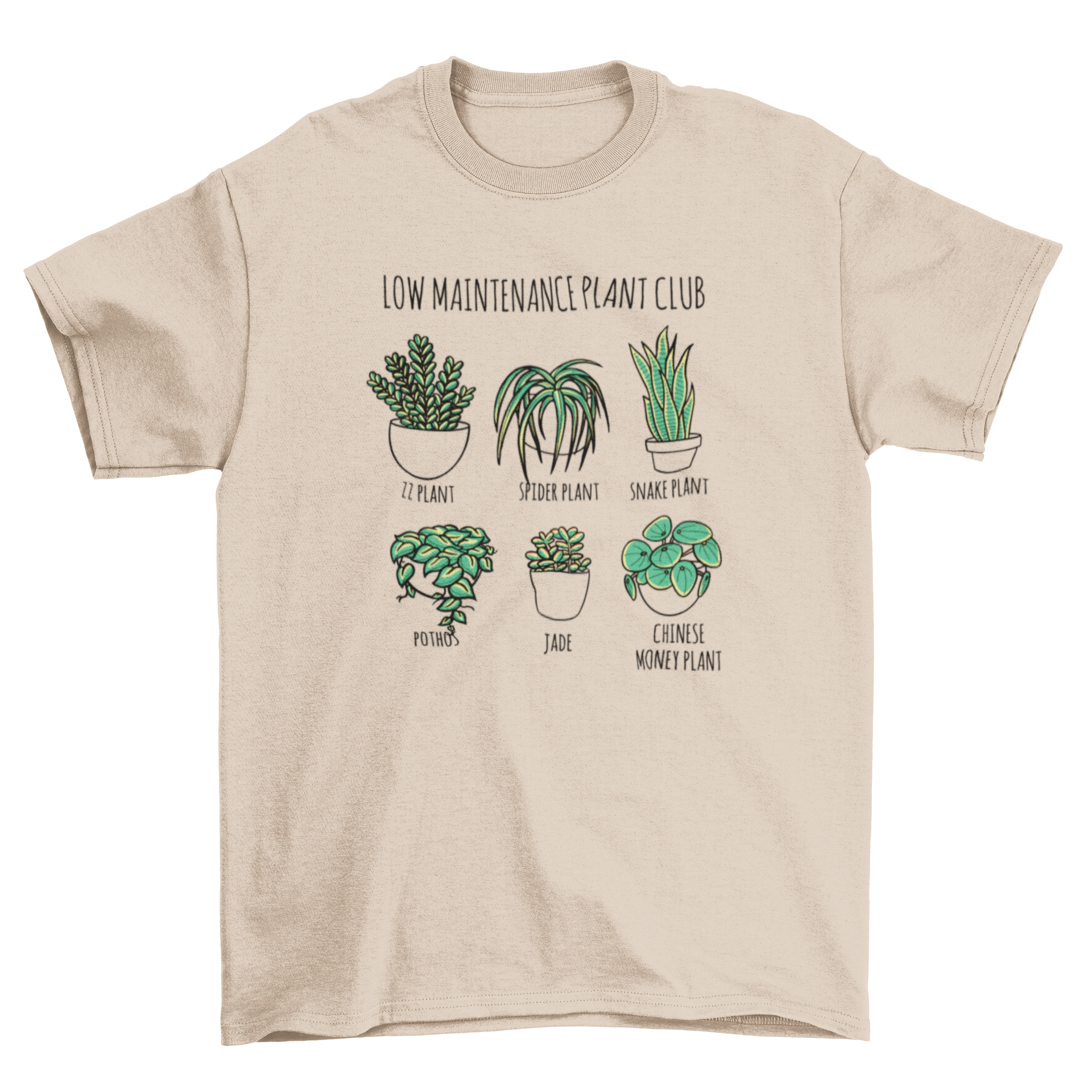 A stylish t-shirt featuring various houseplants and the quote 'Low Maintenance Plant Club'.
