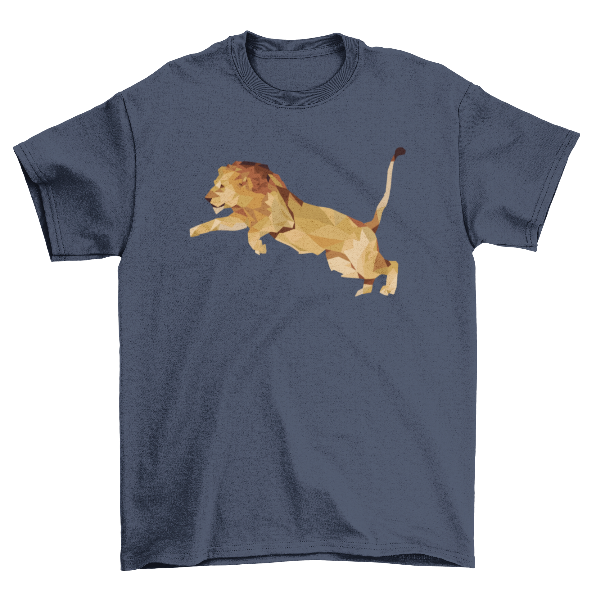 A stylish low poly lion graphic t-shirt design featuring geometric shapes and vibrant colors.