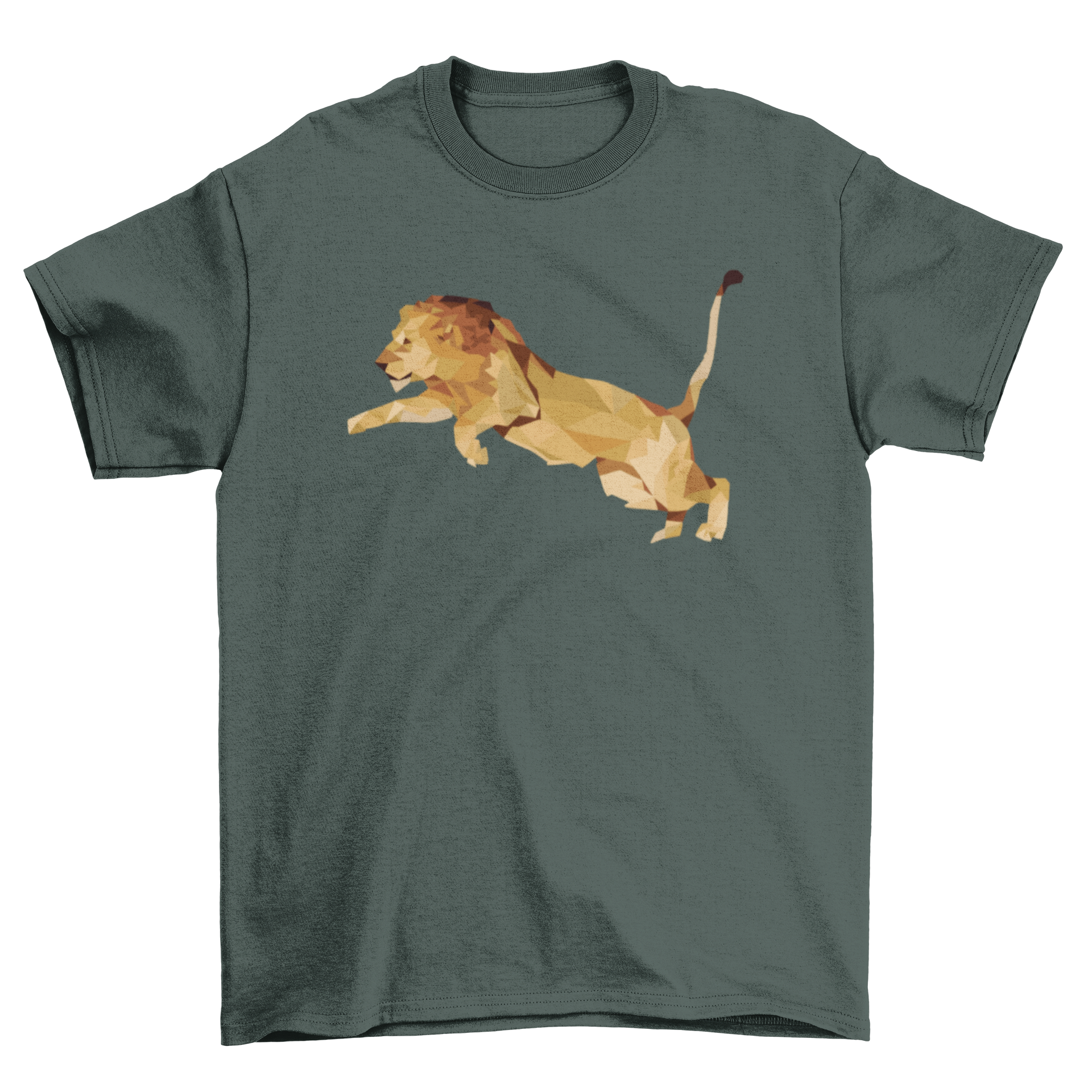 A stylish low poly lion graphic t-shirt design featuring geometric shapes and vibrant colors.