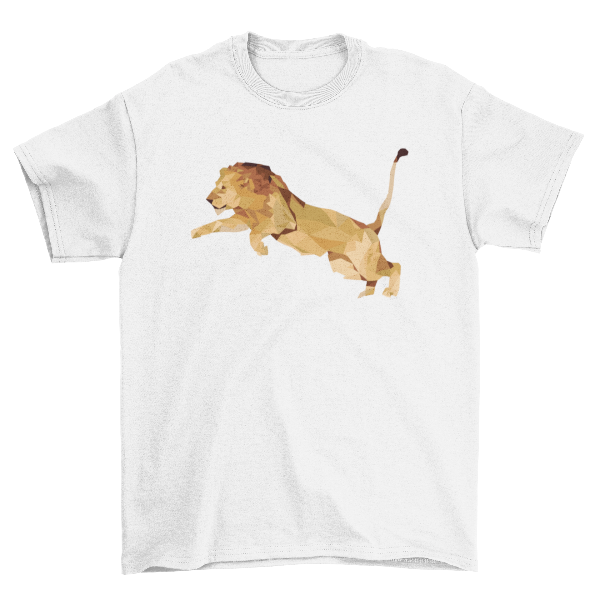 A stylish low poly lion graphic t-shirt design featuring geometric shapes and vibrant colors.