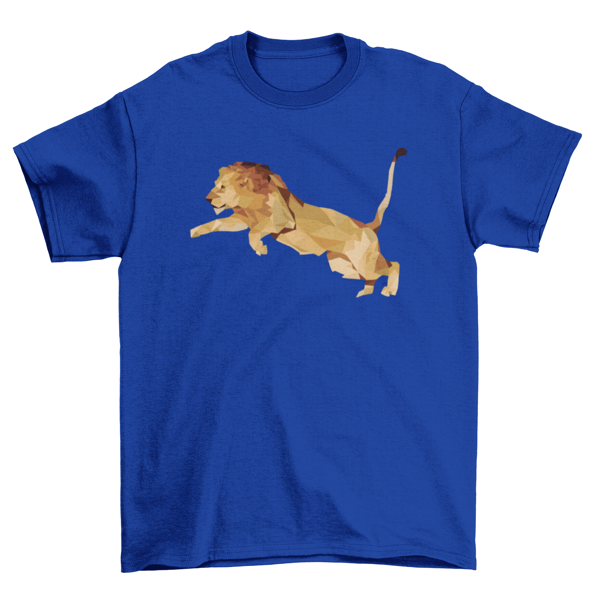 A stylish low poly lion graphic t-shirt design featuring geometric shapes and vibrant colors.