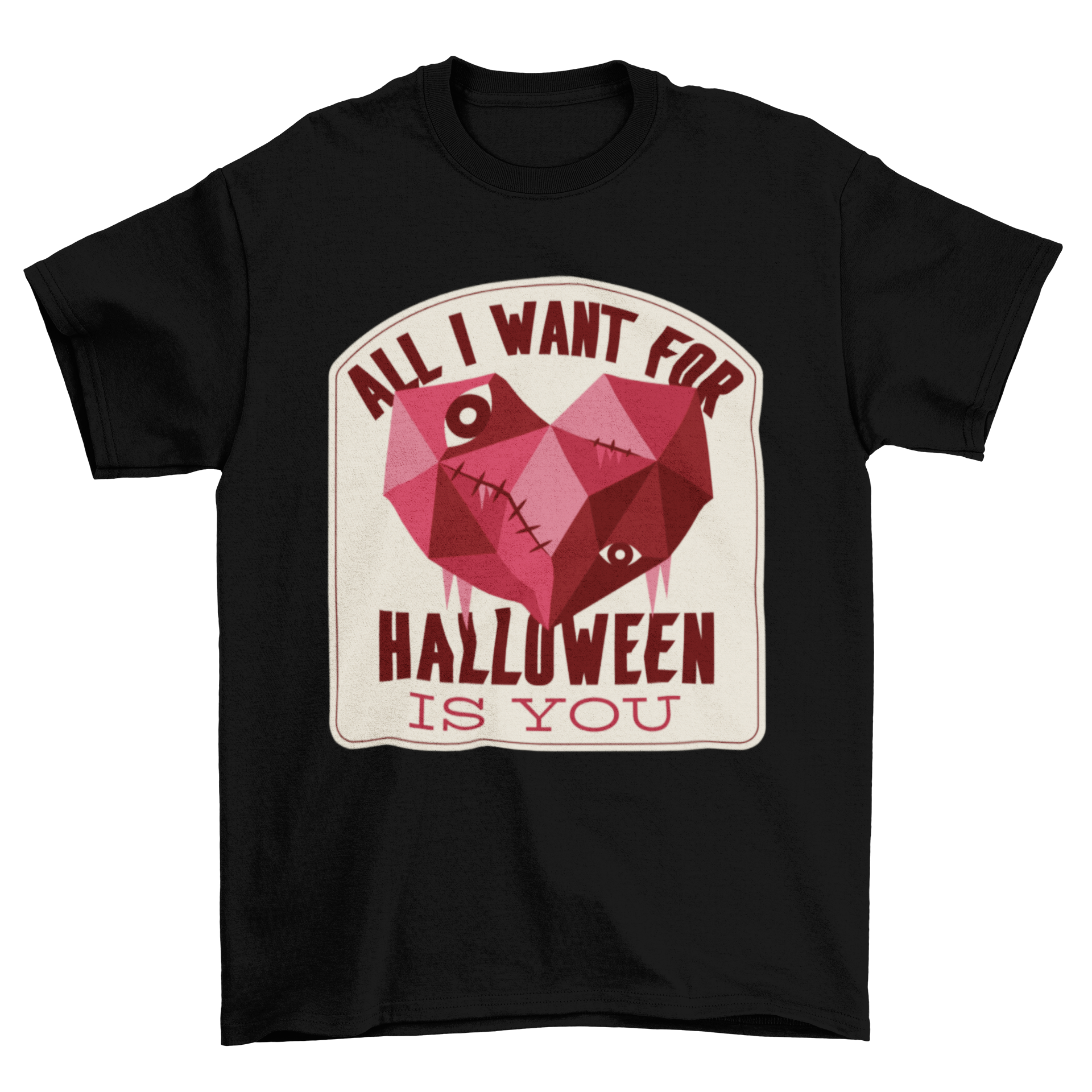 A stylish t-shirt featuring a low poly zombie heart design with the quote 'All I want for Halloween is you'.