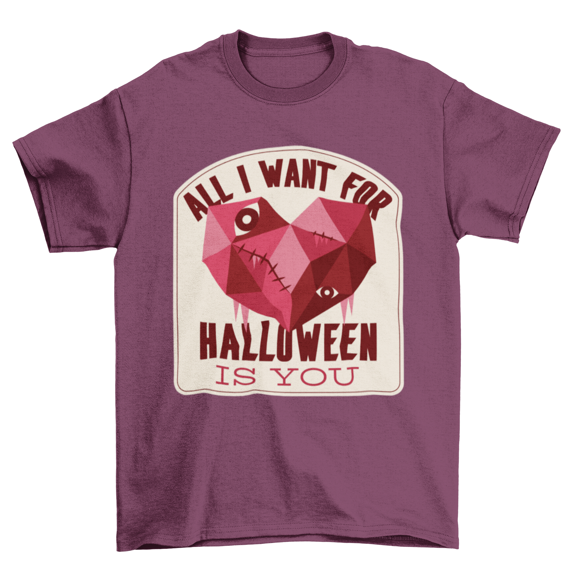 A stylish t-shirt featuring a low poly zombie heart design with the quote 'All I want for Halloween is you'.