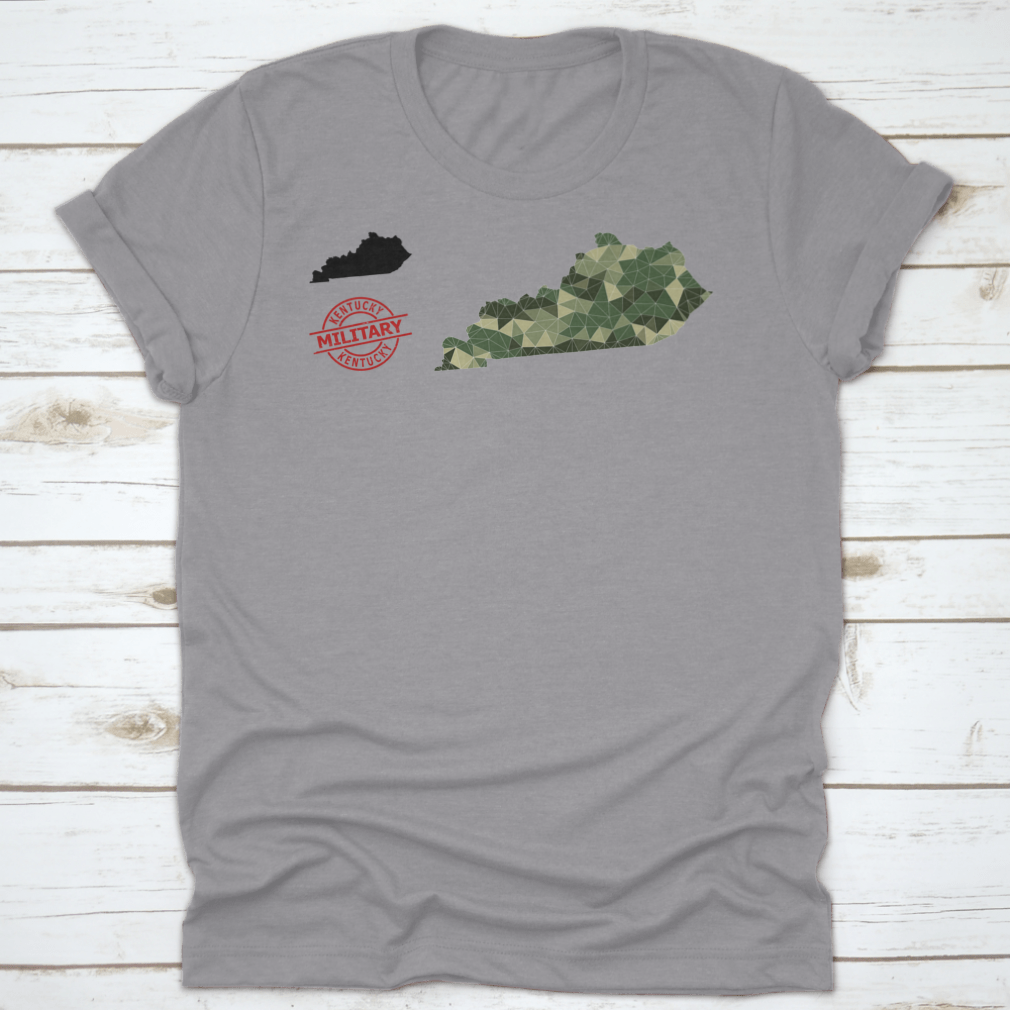 Lowpoly mosaic map of Kentucky featuring scattered khaki filled triangles, showcasing a modern artistic design.