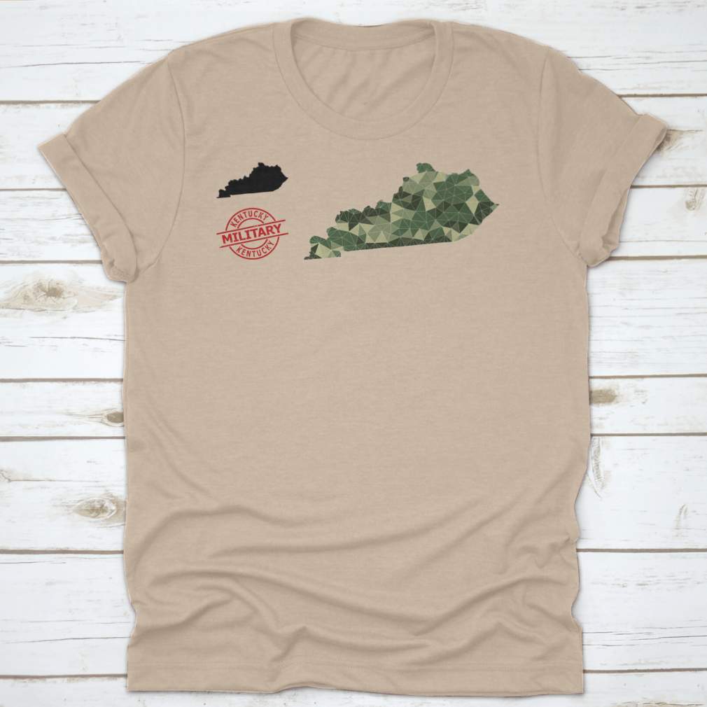 Lowpoly mosaic map of Kentucky featuring scattered khaki filled triangles, showcasing a modern artistic design.