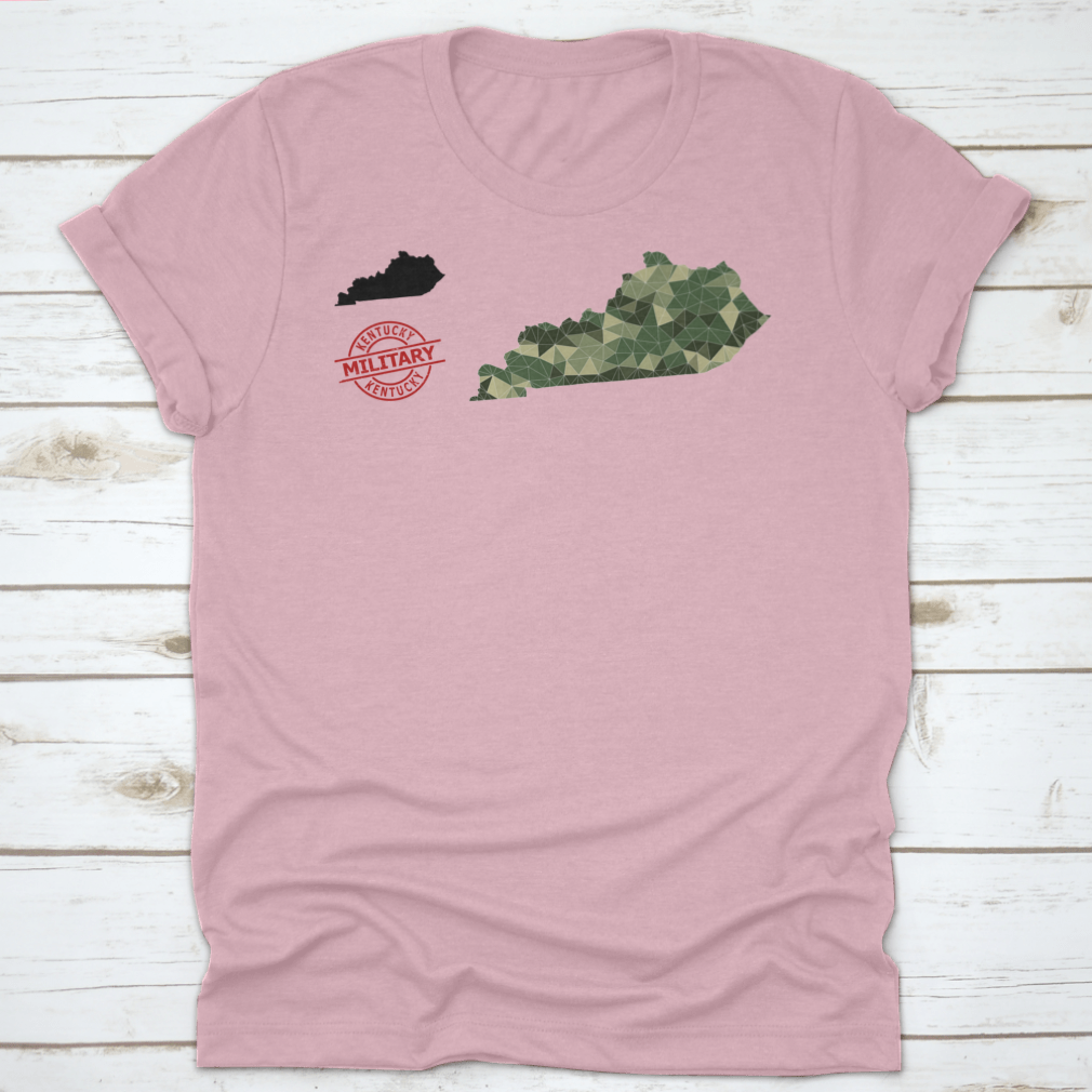 Lowpoly mosaic map of Kentucky featuring scattered khaki filled triangles, showcasing a modern artistic design.