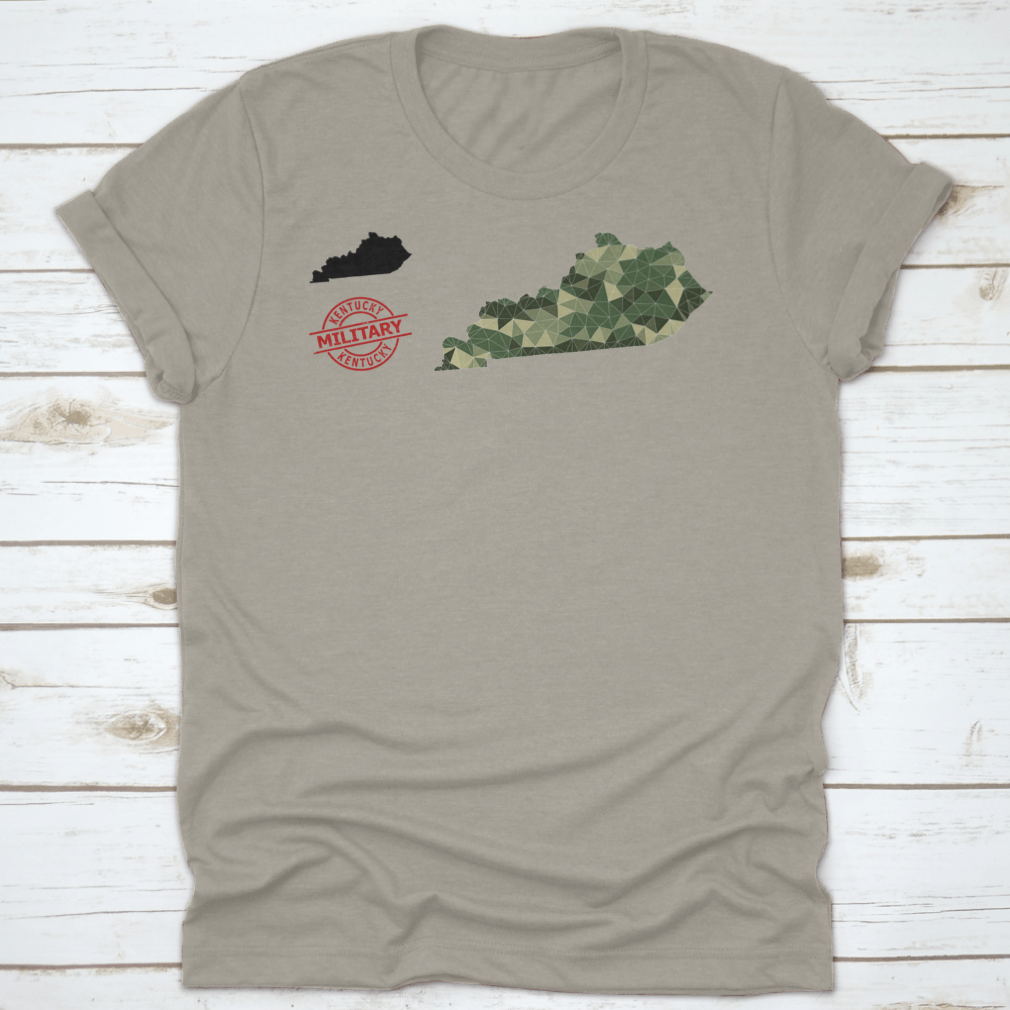 Lowpoly mosaic map of Kentucky featuring scattered khaki filled triangles, showcasing a modern artistic design.