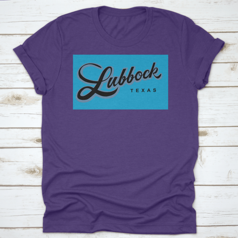 A stylish Lubbock Texas USA cursive typography shirt design, showcasing a unique and trendy look.