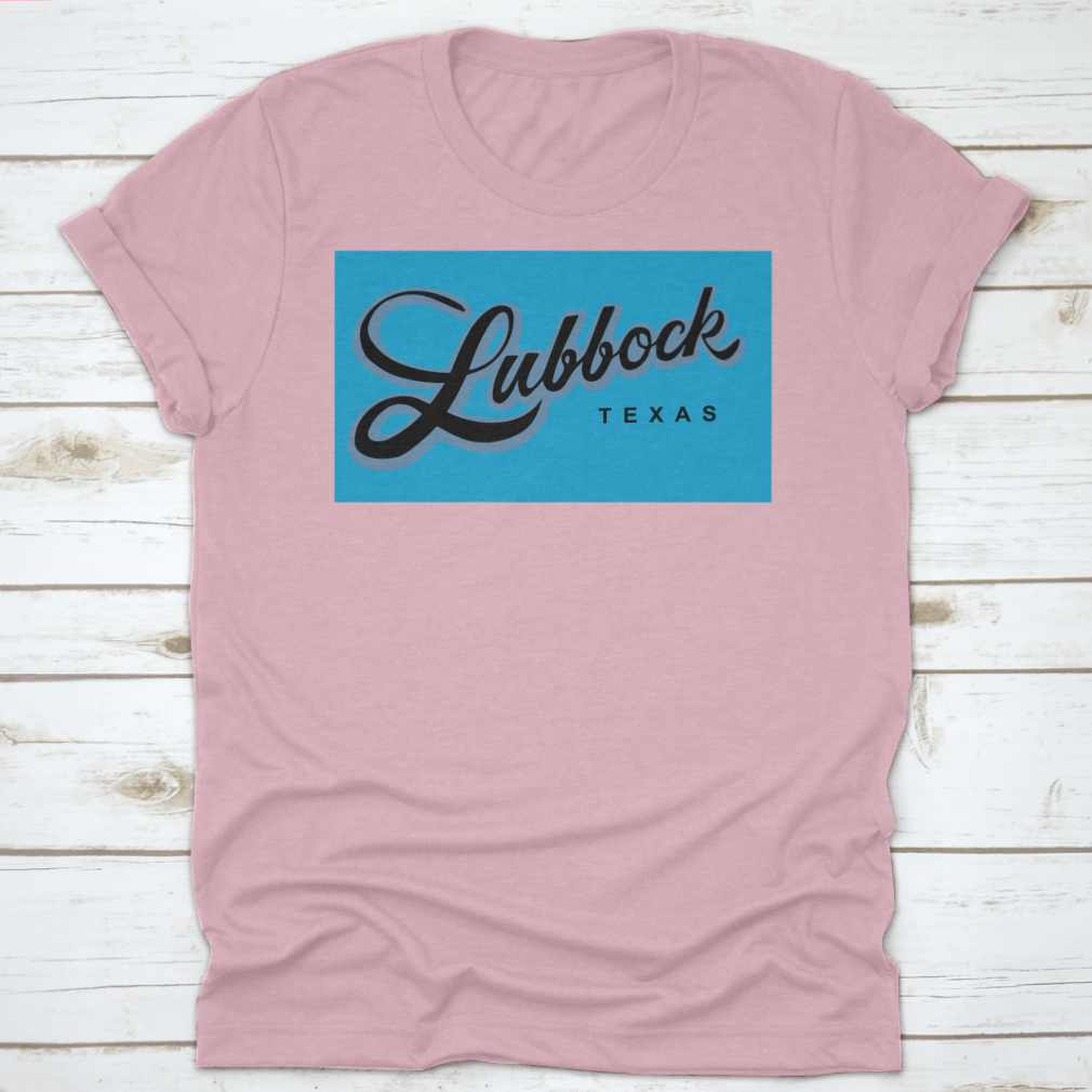 A stylish Lubbock Texas USA cursive typography shirt design, showcasing a unique and trendy look.