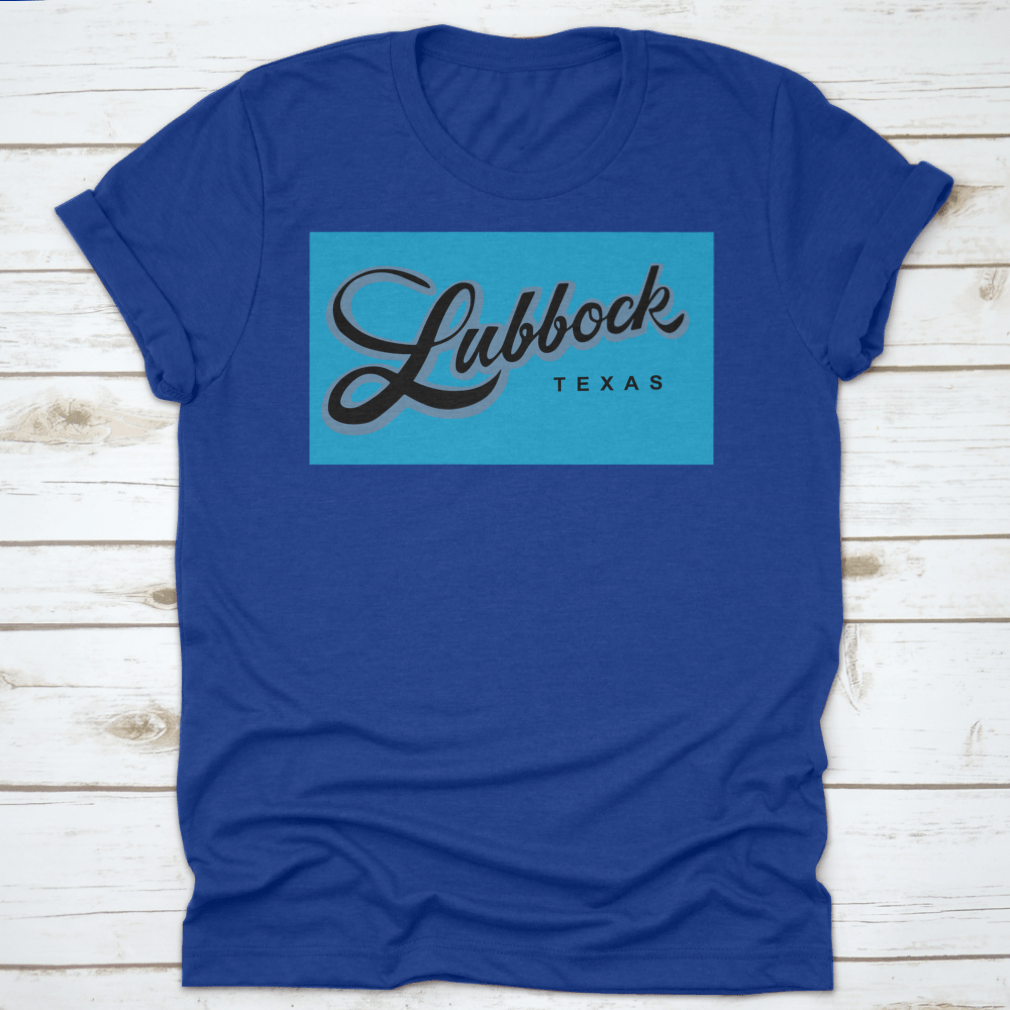 A stylish Lubbock Texas USA cursive typography shirt design, showcasing a unique and trendy look.