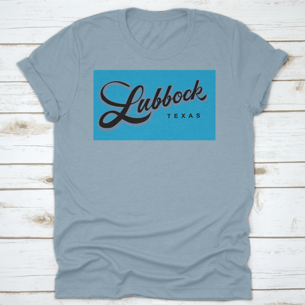 A stylish Lubbock Texas USA cursive typography shirt design, showcasing a unique and trendy look.