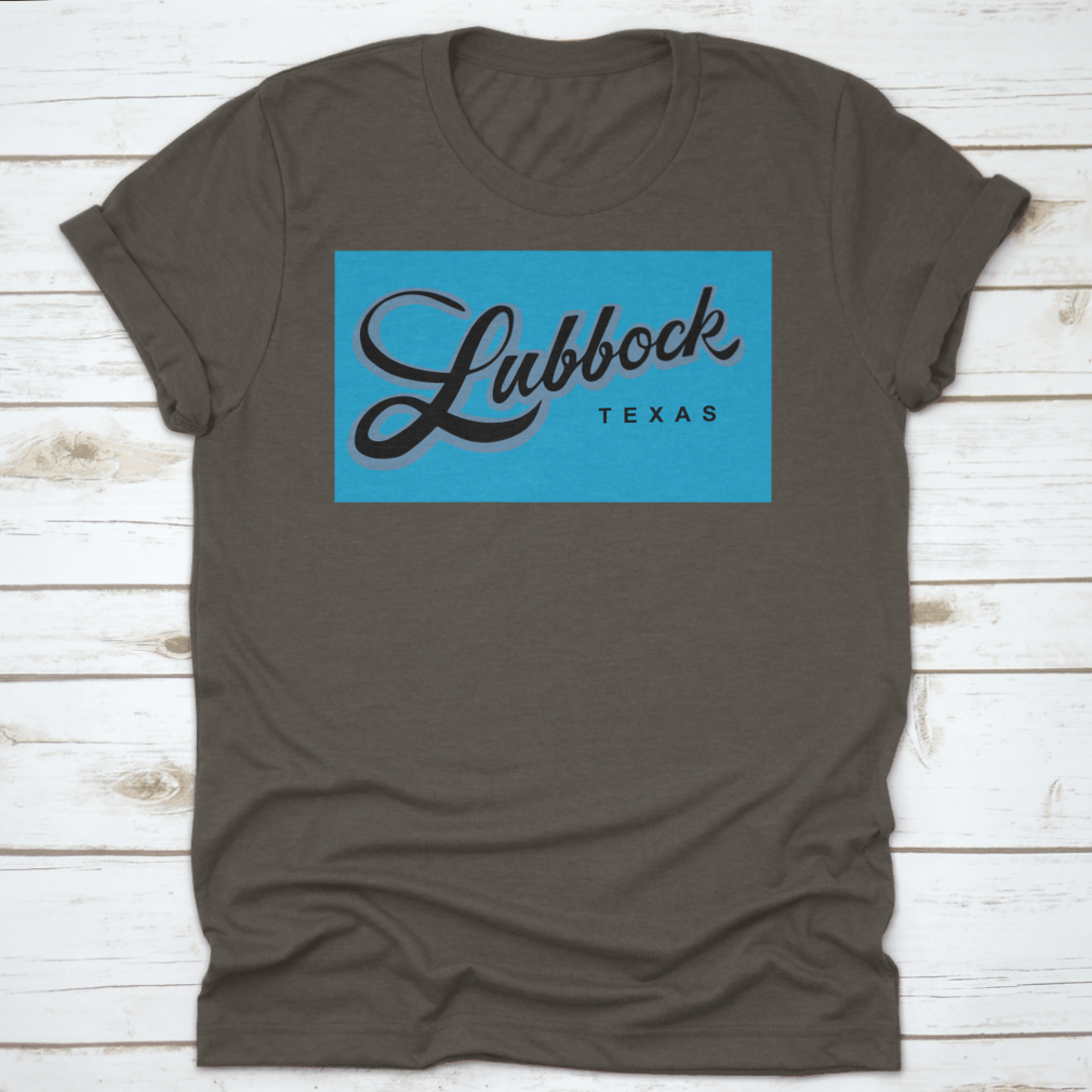 A stylish Lubbock Texas USA cursive typography shirt design, showcasing a unique and trendy look.
