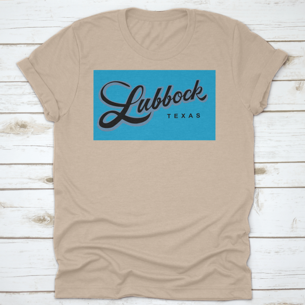 A stylish Lubbock Texas USA cursive typography shirt design, showcasing a unique and trendy look.