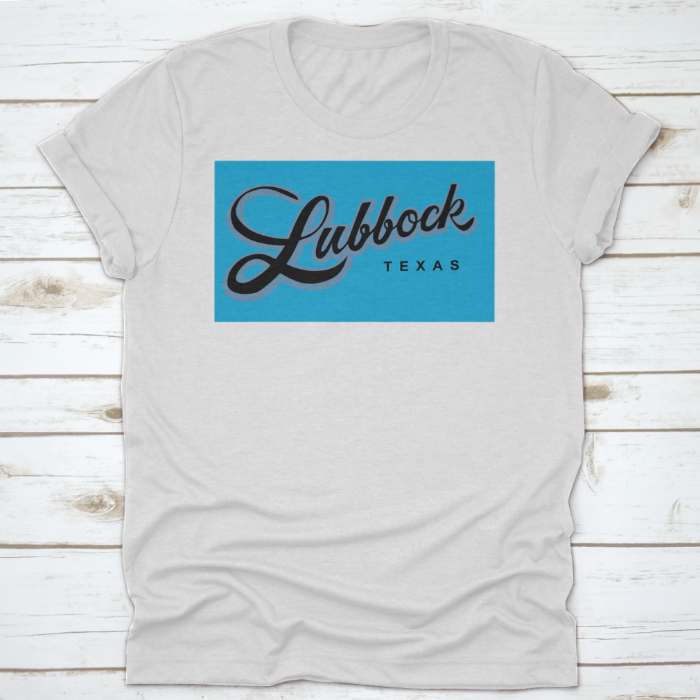 A stylish Lubbock Texas USA cursive typography shirt design, showcasing a unique and trendy look.